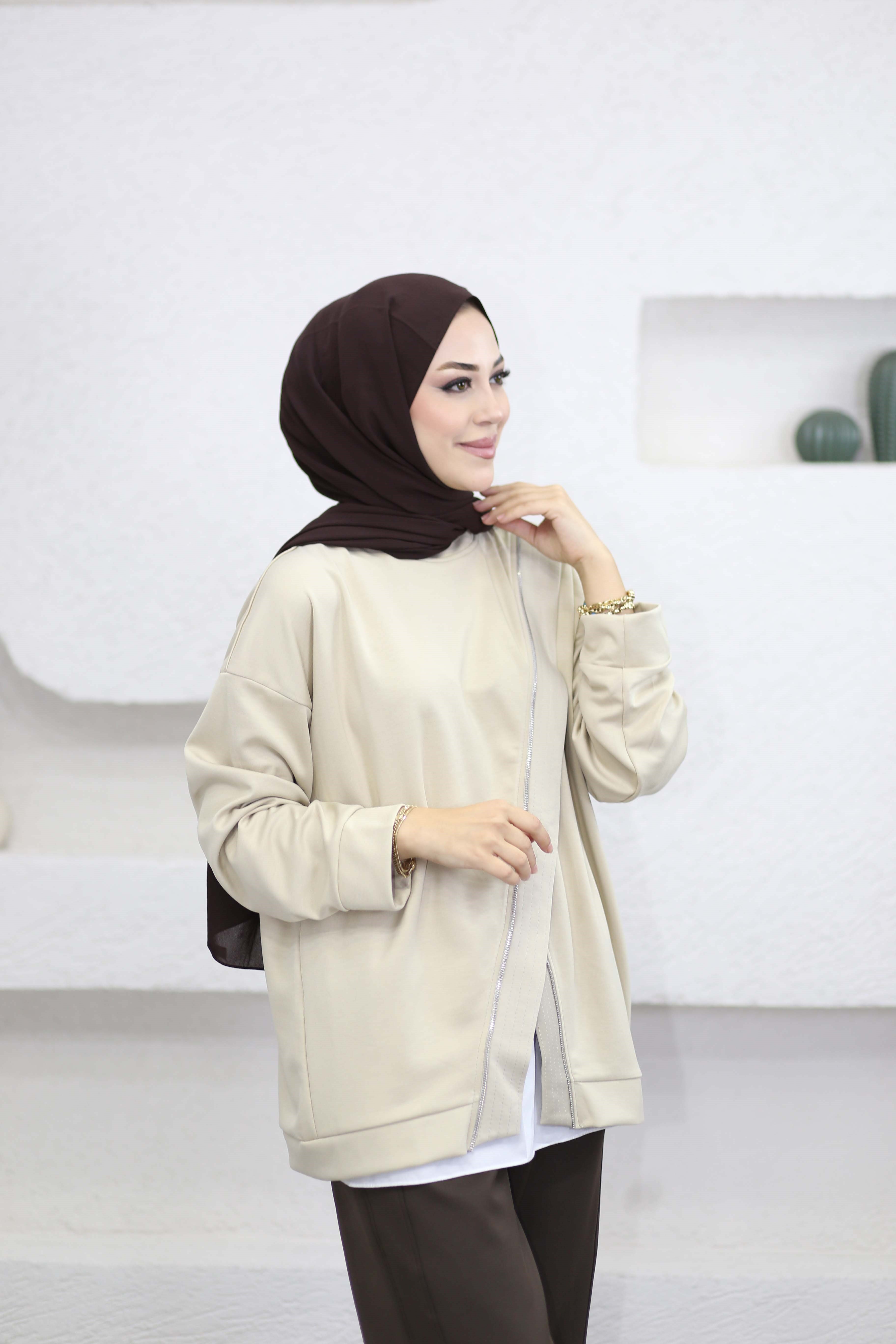Çapraz Fermuarlı Sweat Bej 10771