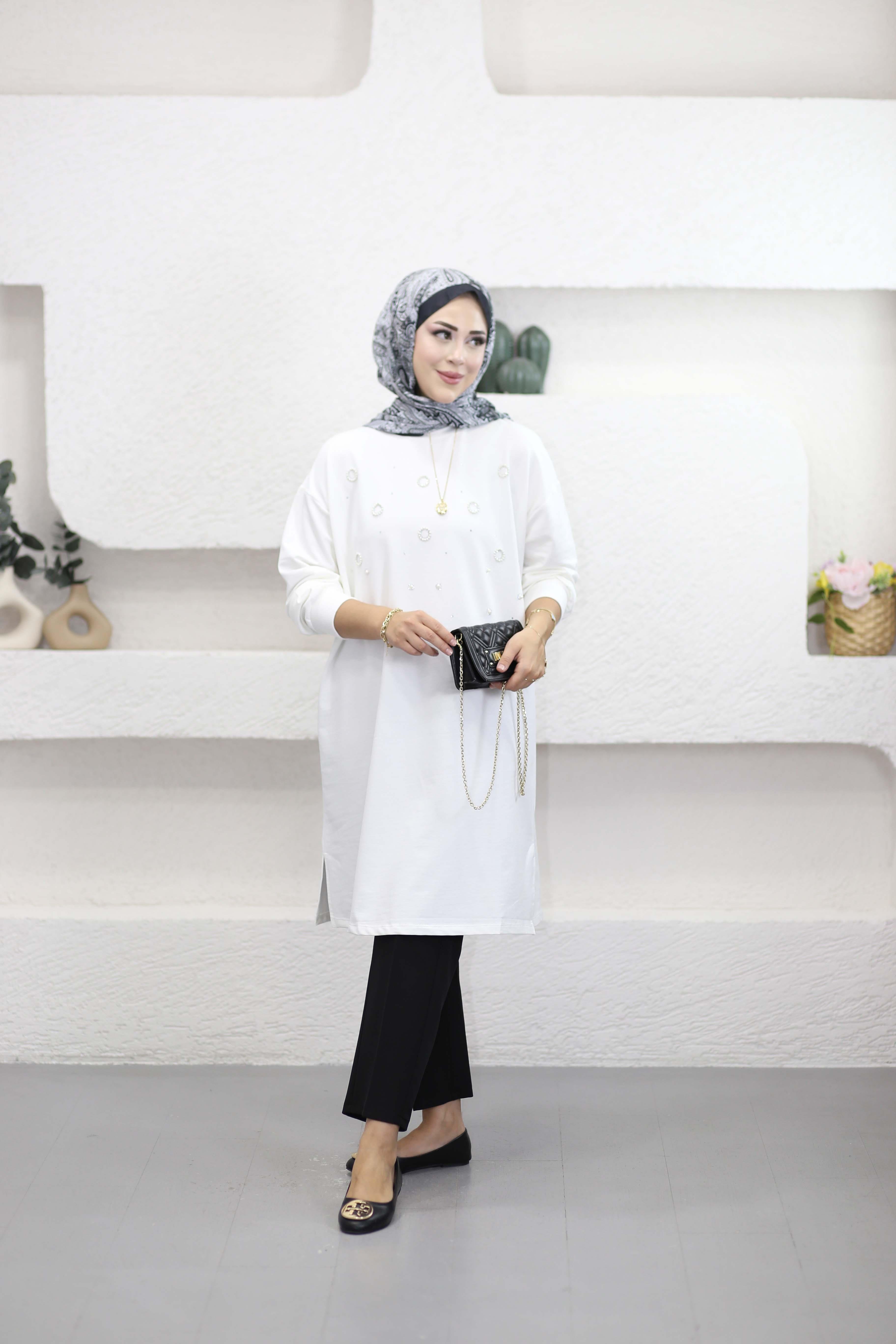 Taş Ve İnci Detaylı Sweat Beyaz 3138