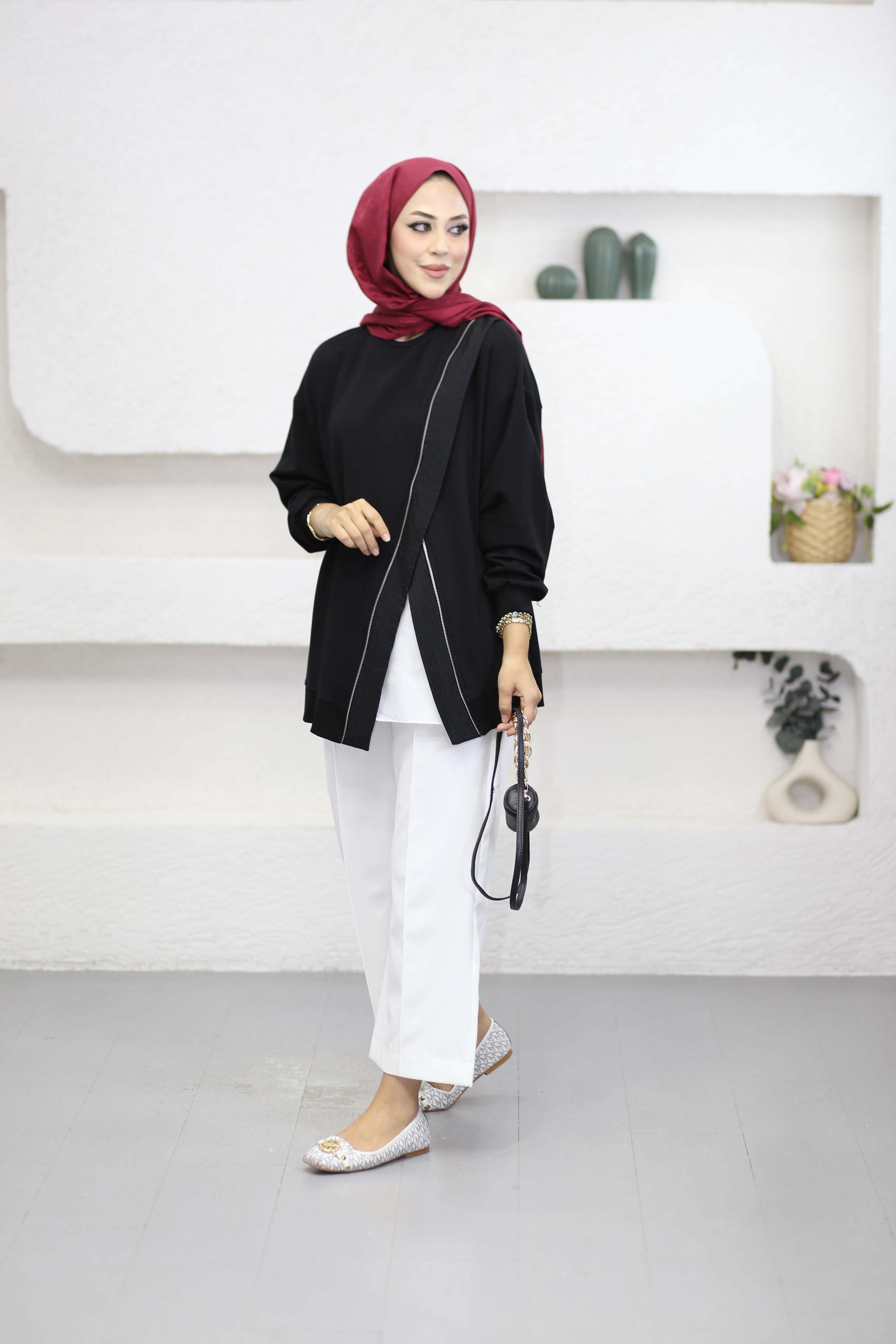 Çapraz Fermuarlı Sweat Siyah 10771