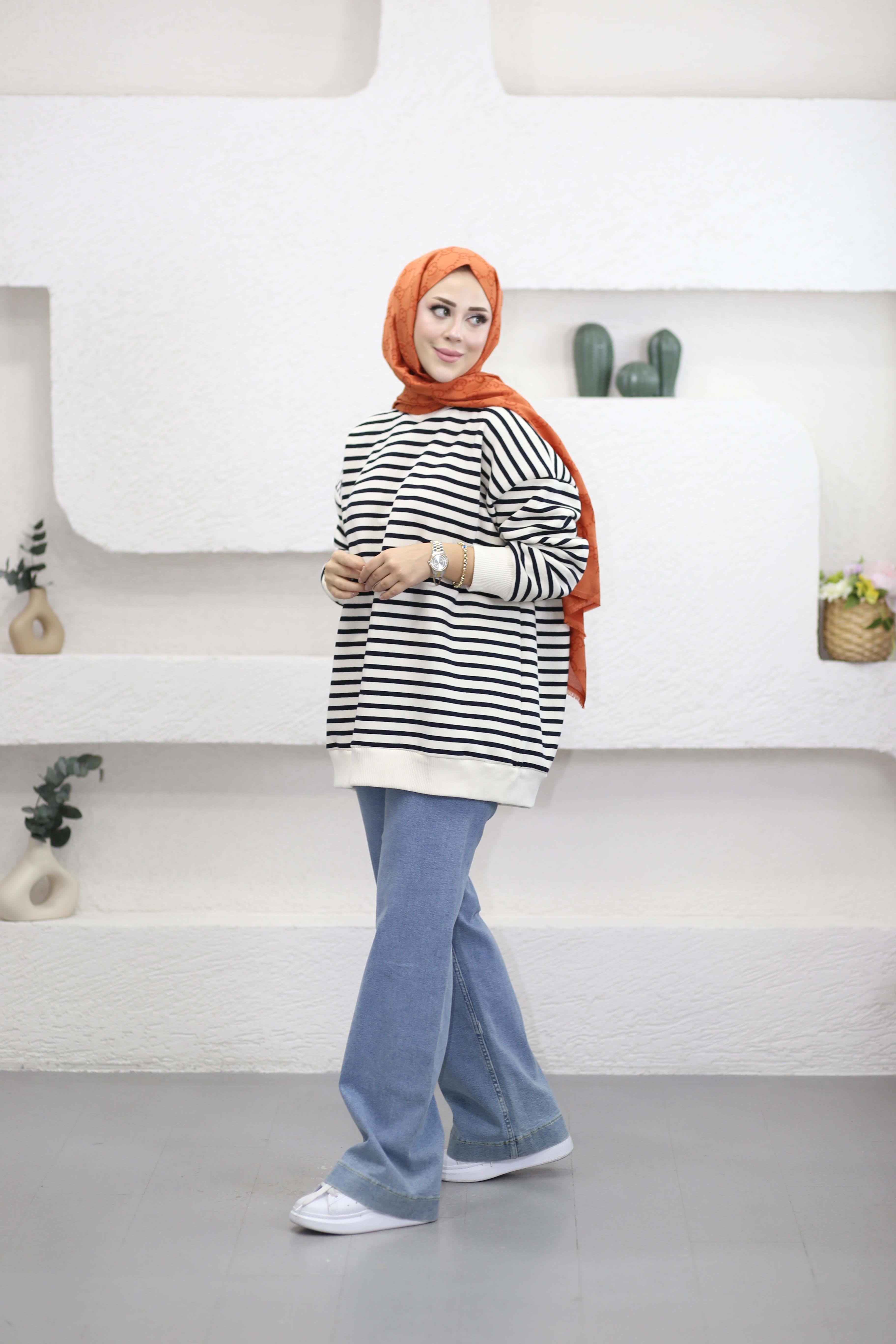 Oversize Çizgili Sweat Lacivert 3030