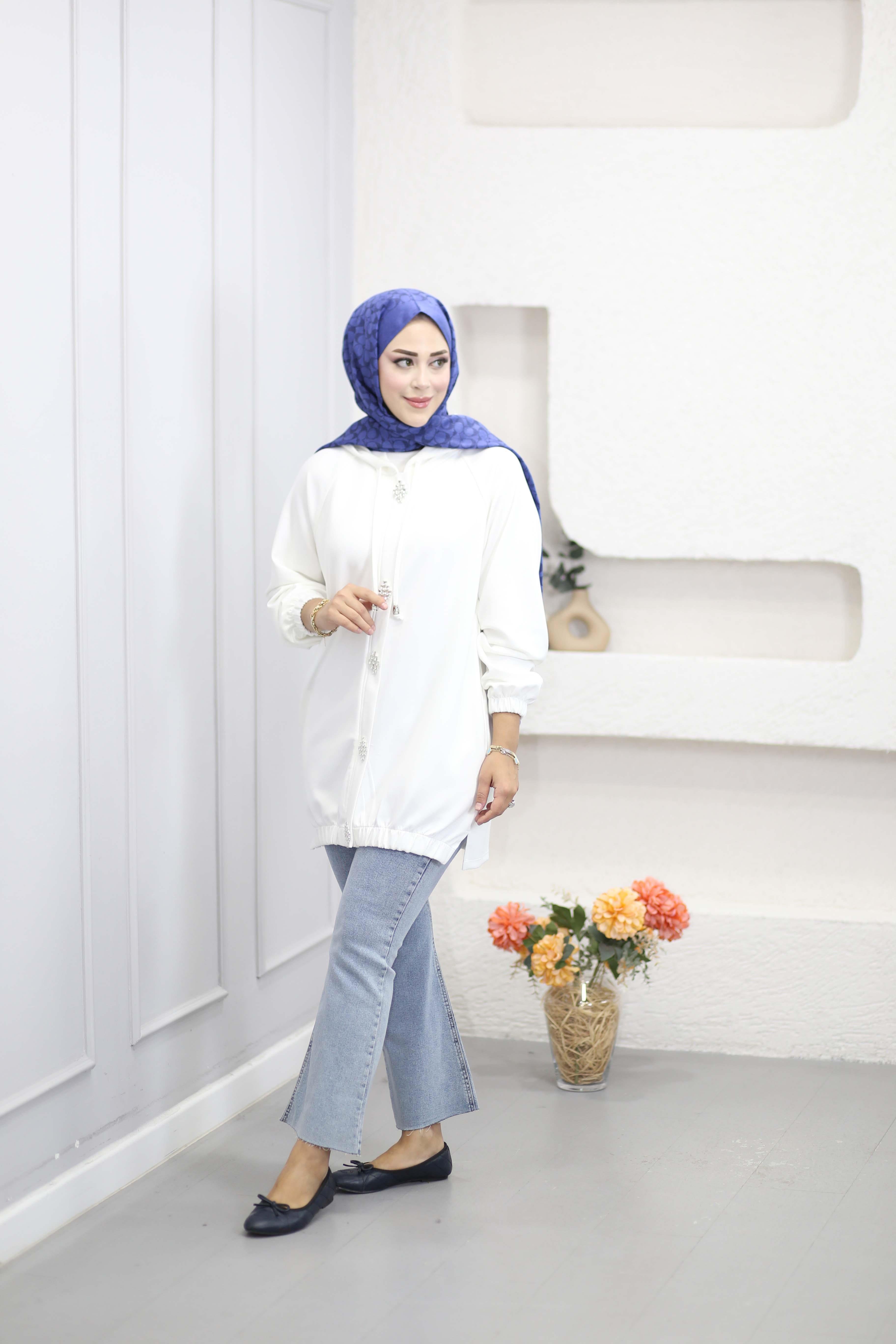 Kristal Dokunuş Kapşonlu Sweat Beyaz 250305