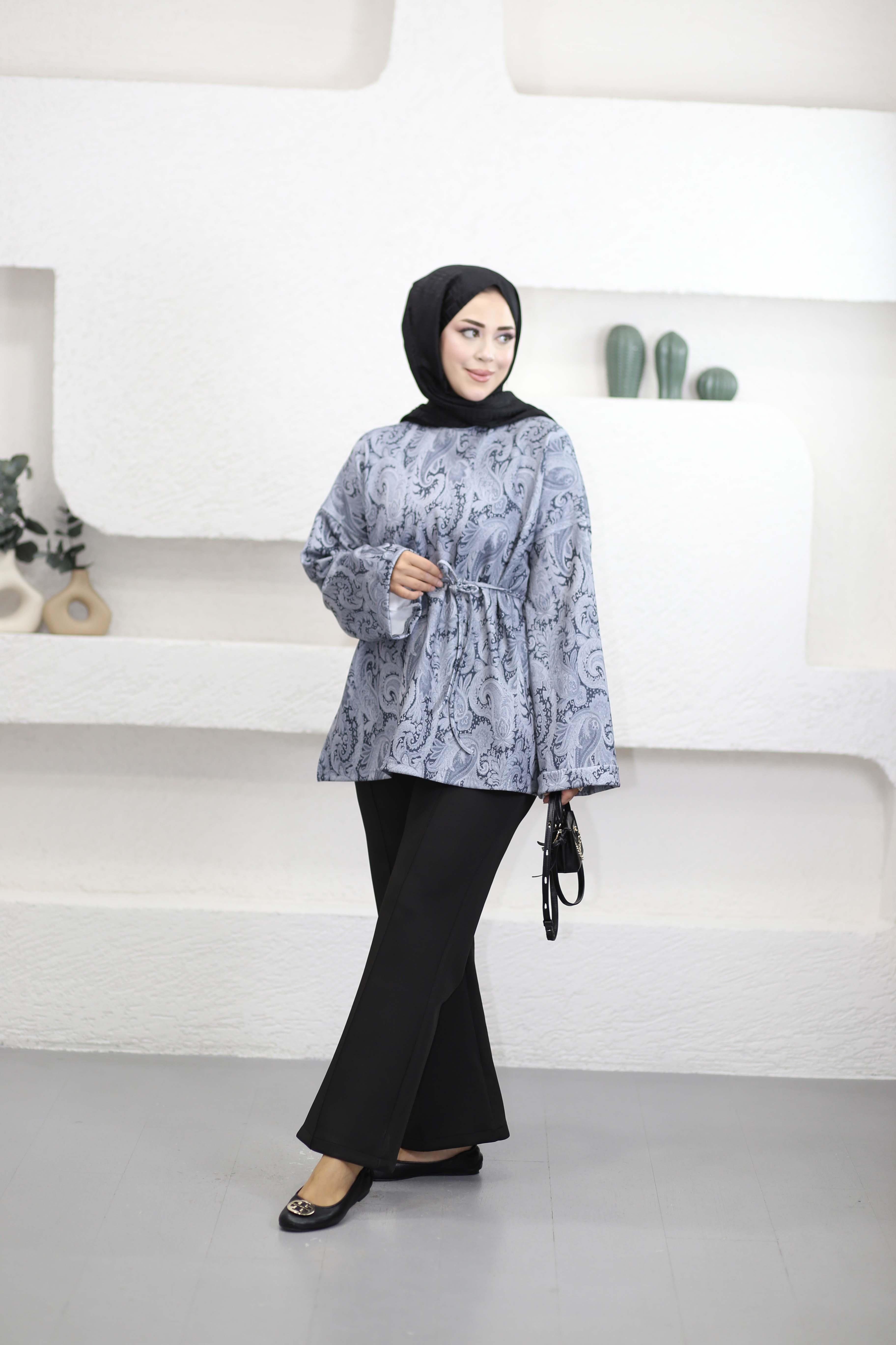 Etnik Desen Scuba Tunik Gri 1502