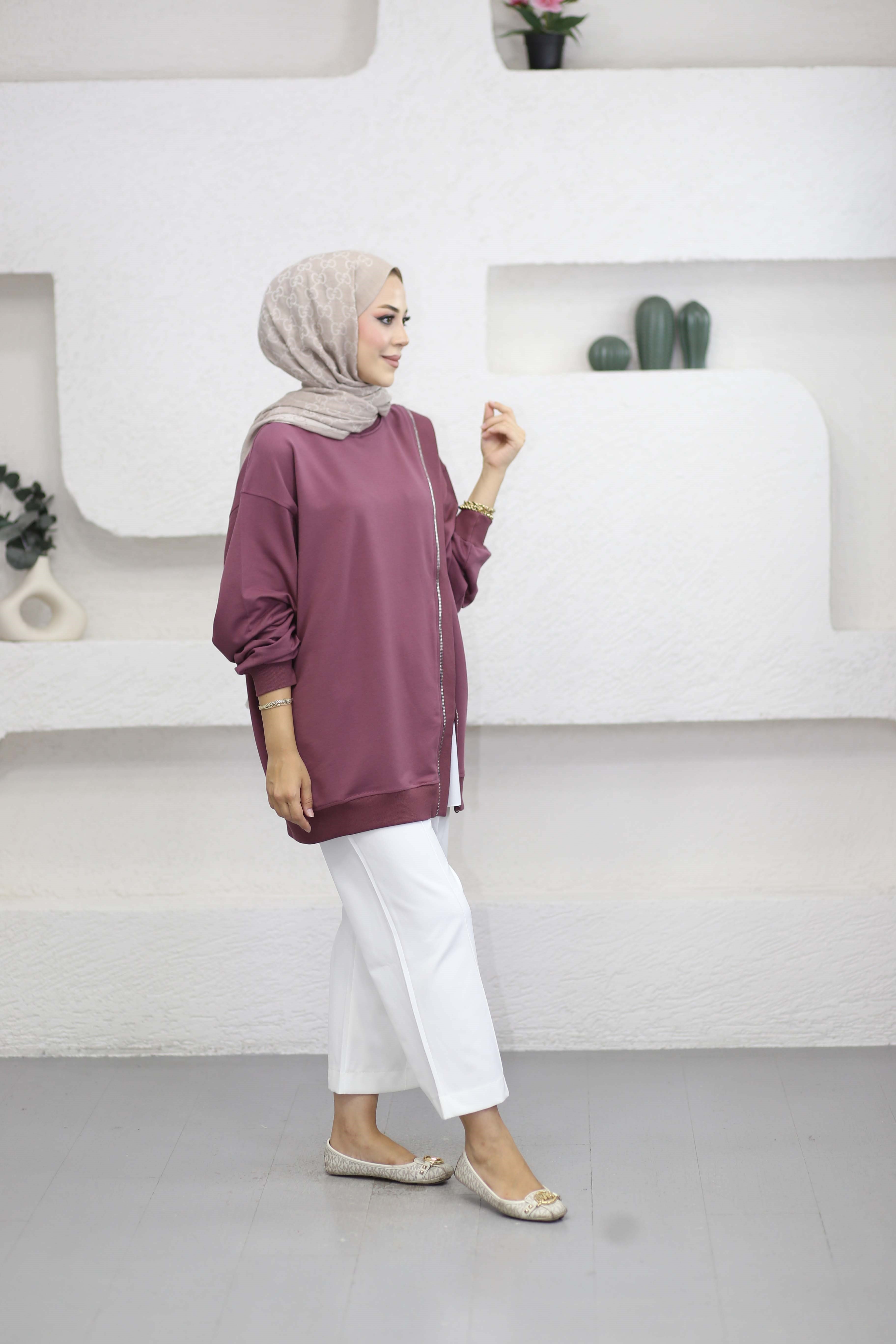 Çapraz Fermuarlı Sweat Mürdüm 10771