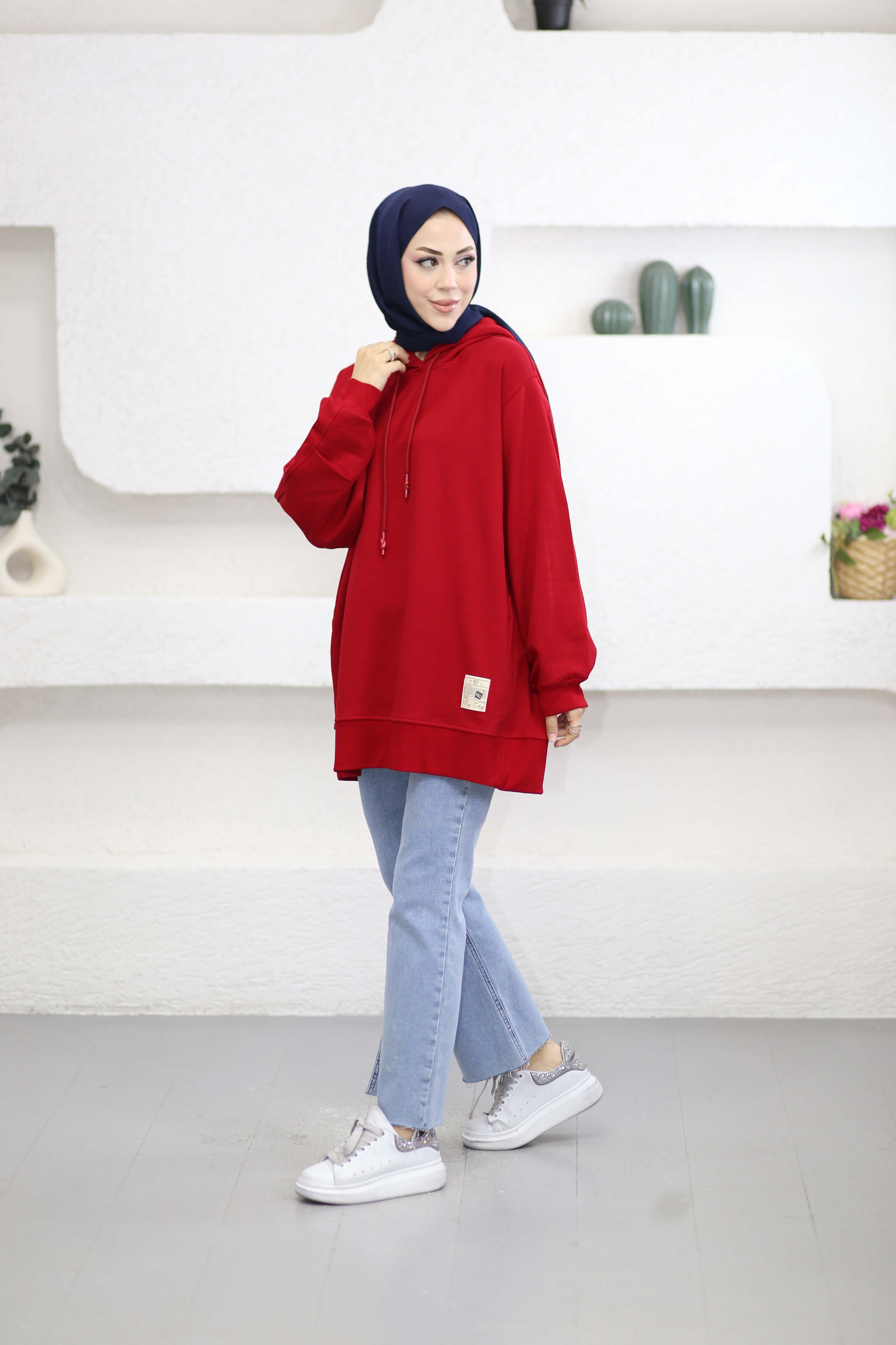 Baskılı Kapşonlu Sweat Kırmızı 6778