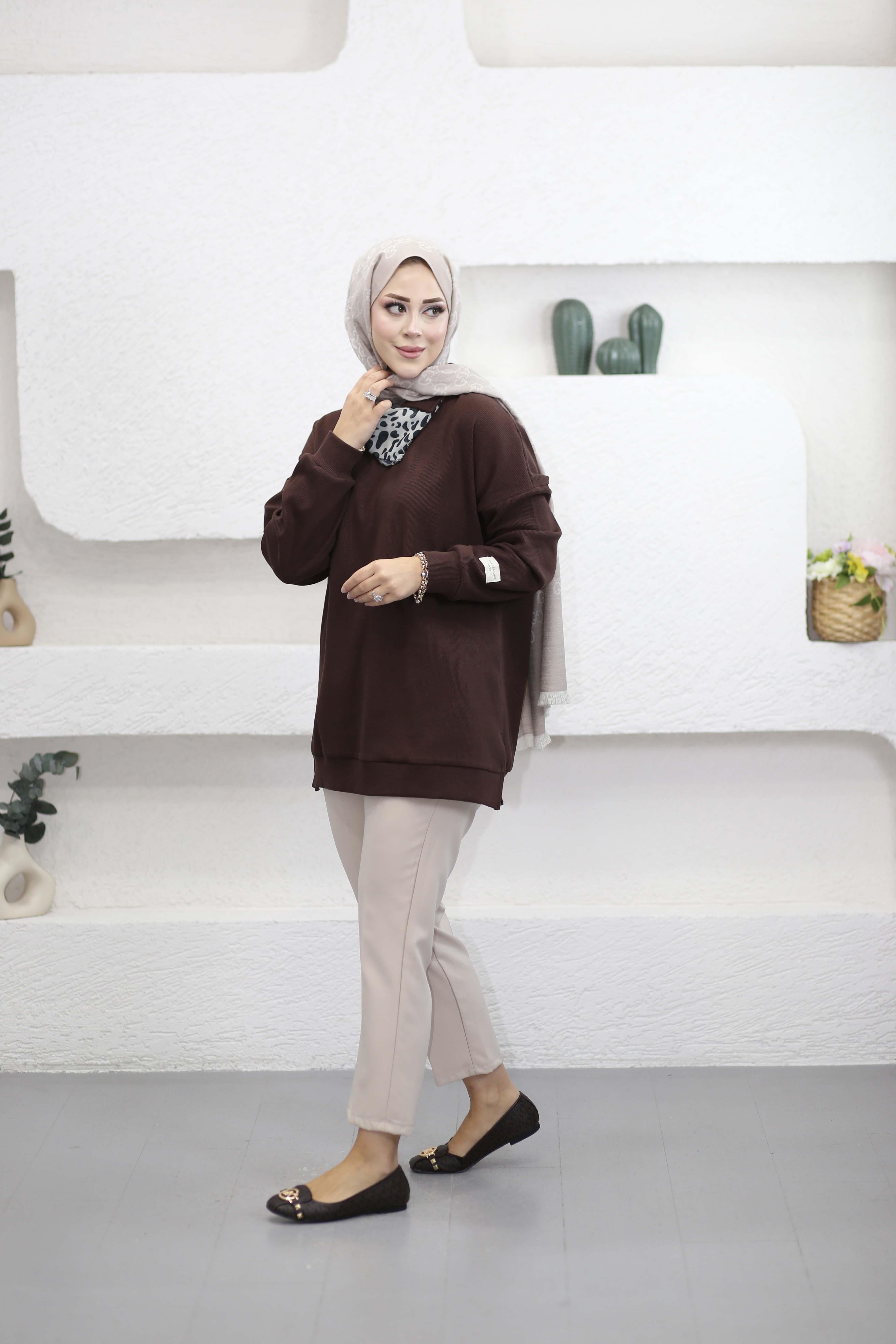 Leopar Fularlı Sweat Kahverengi 6110