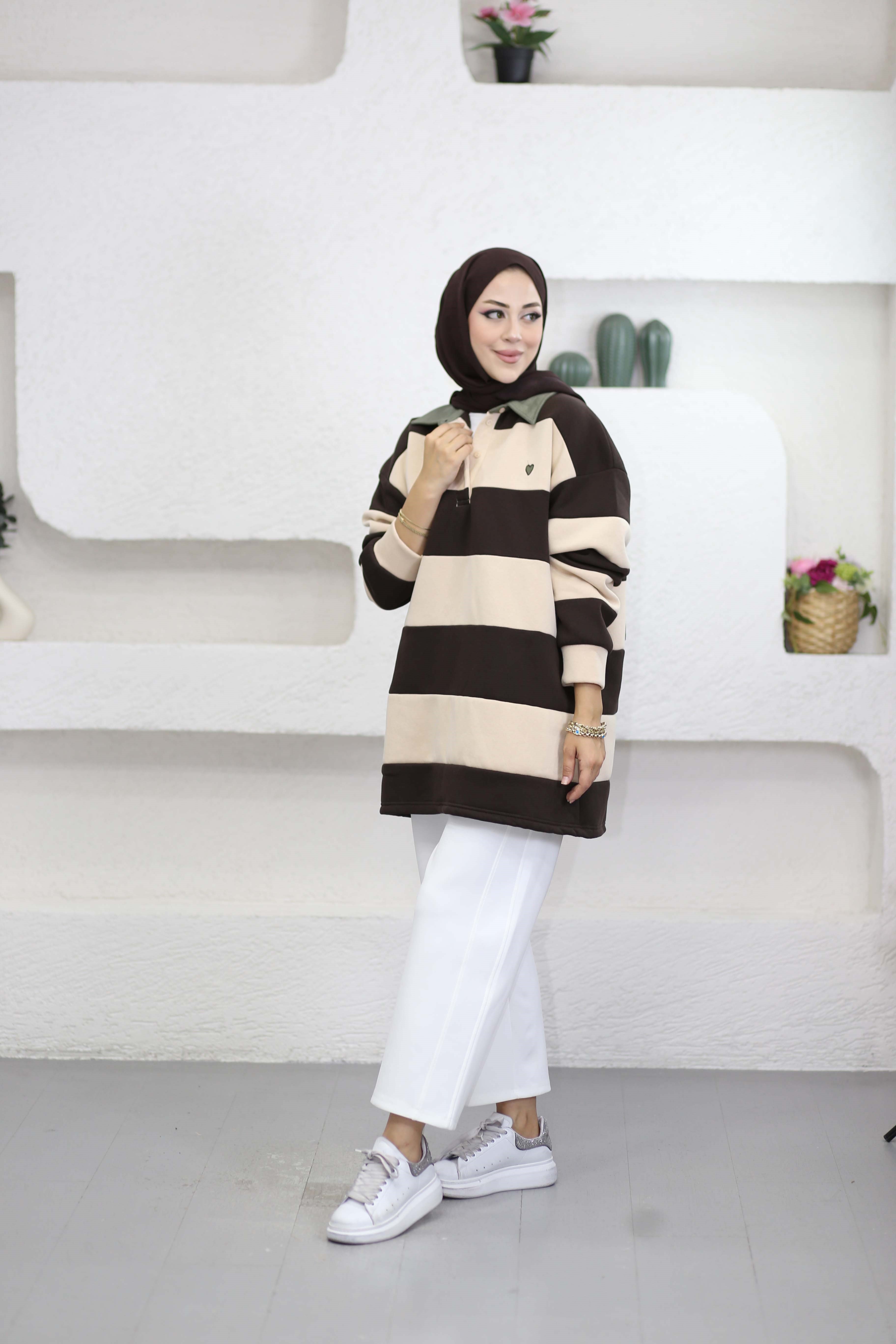 Çizgili Nakış Detaylı Sweat Kahverengi 3534