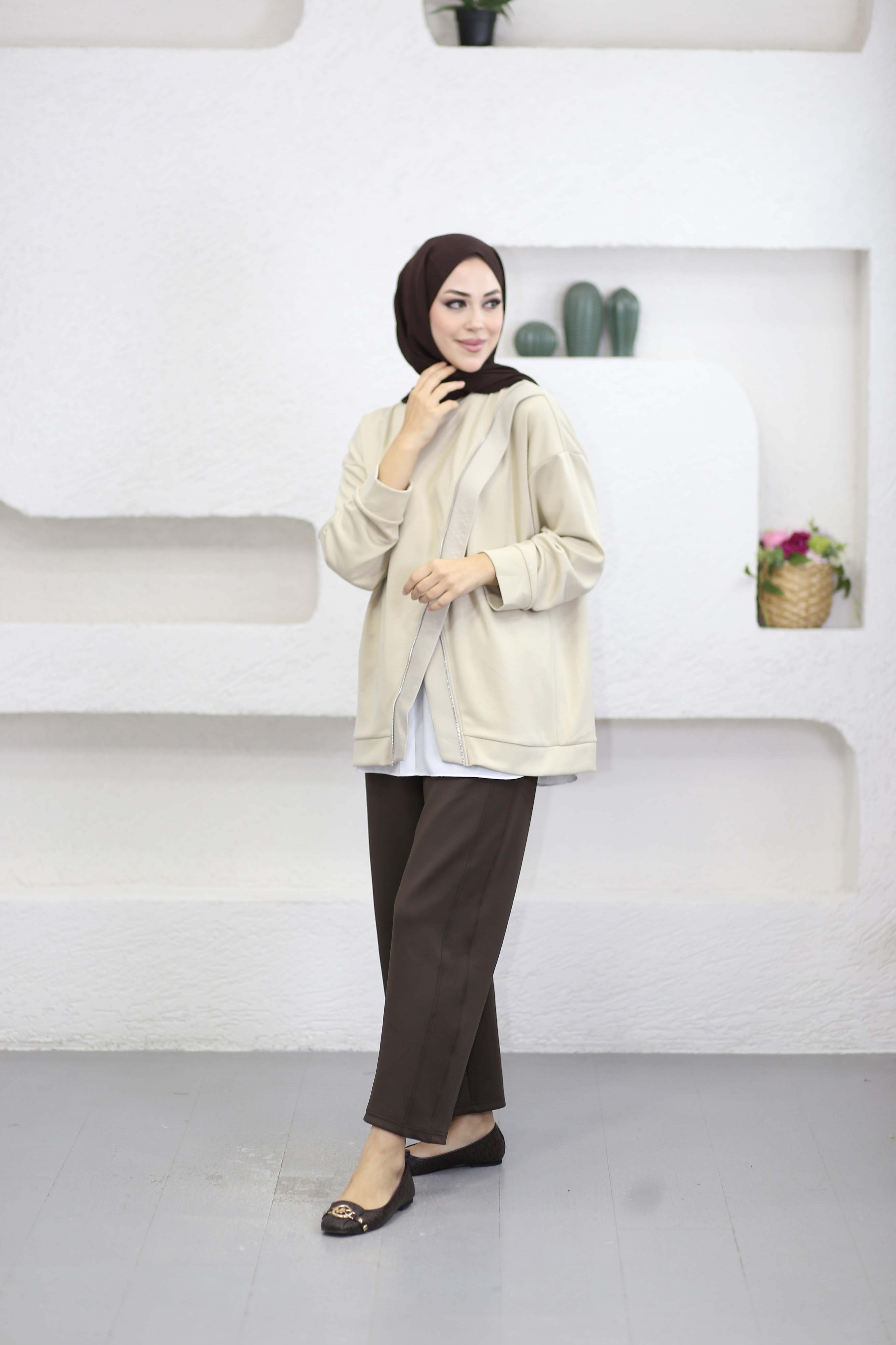 Çapraz Fermuarlı Sweat Bej 10771