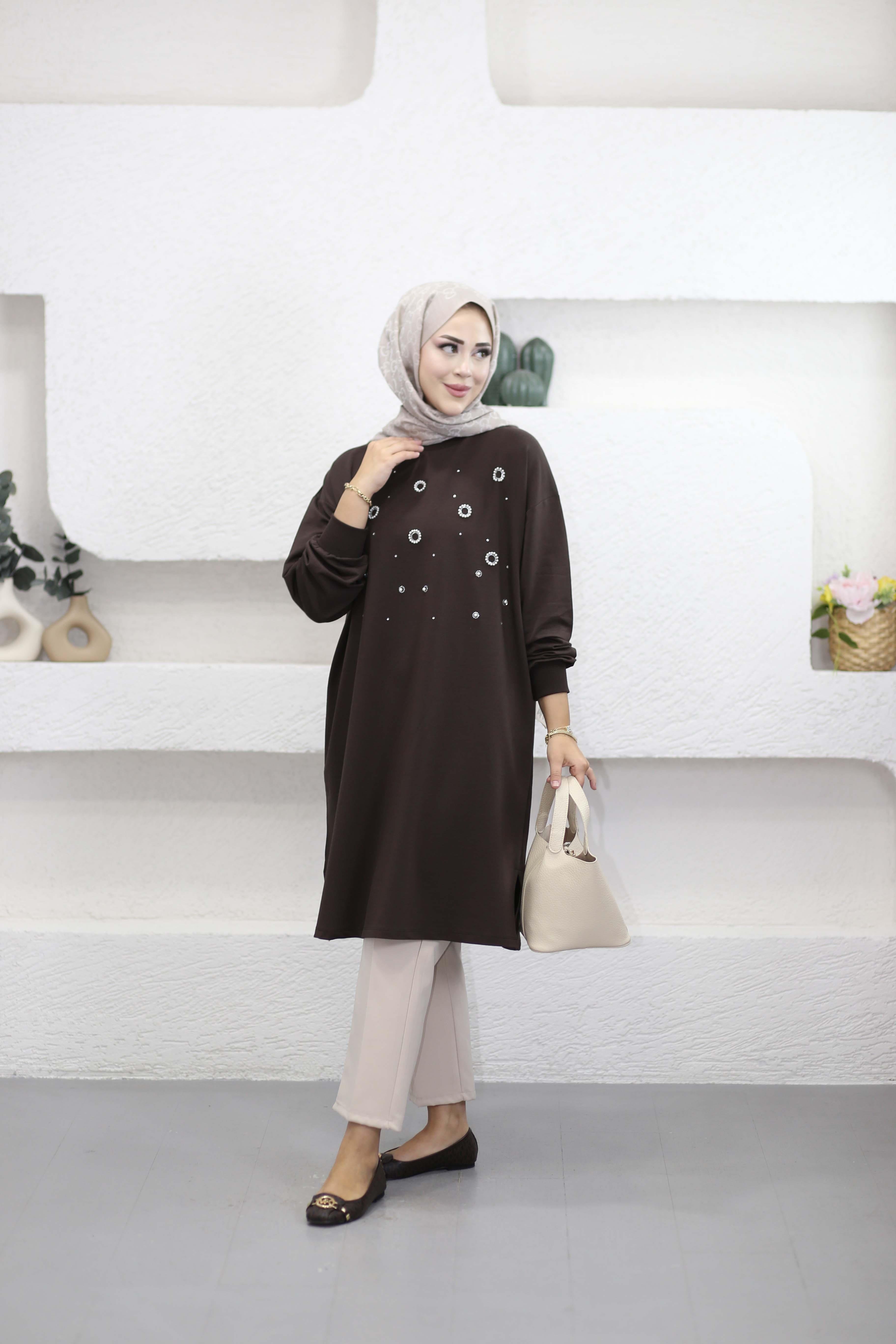 Taş Ve İnci Detaylı Sweat Kahverengi 3138