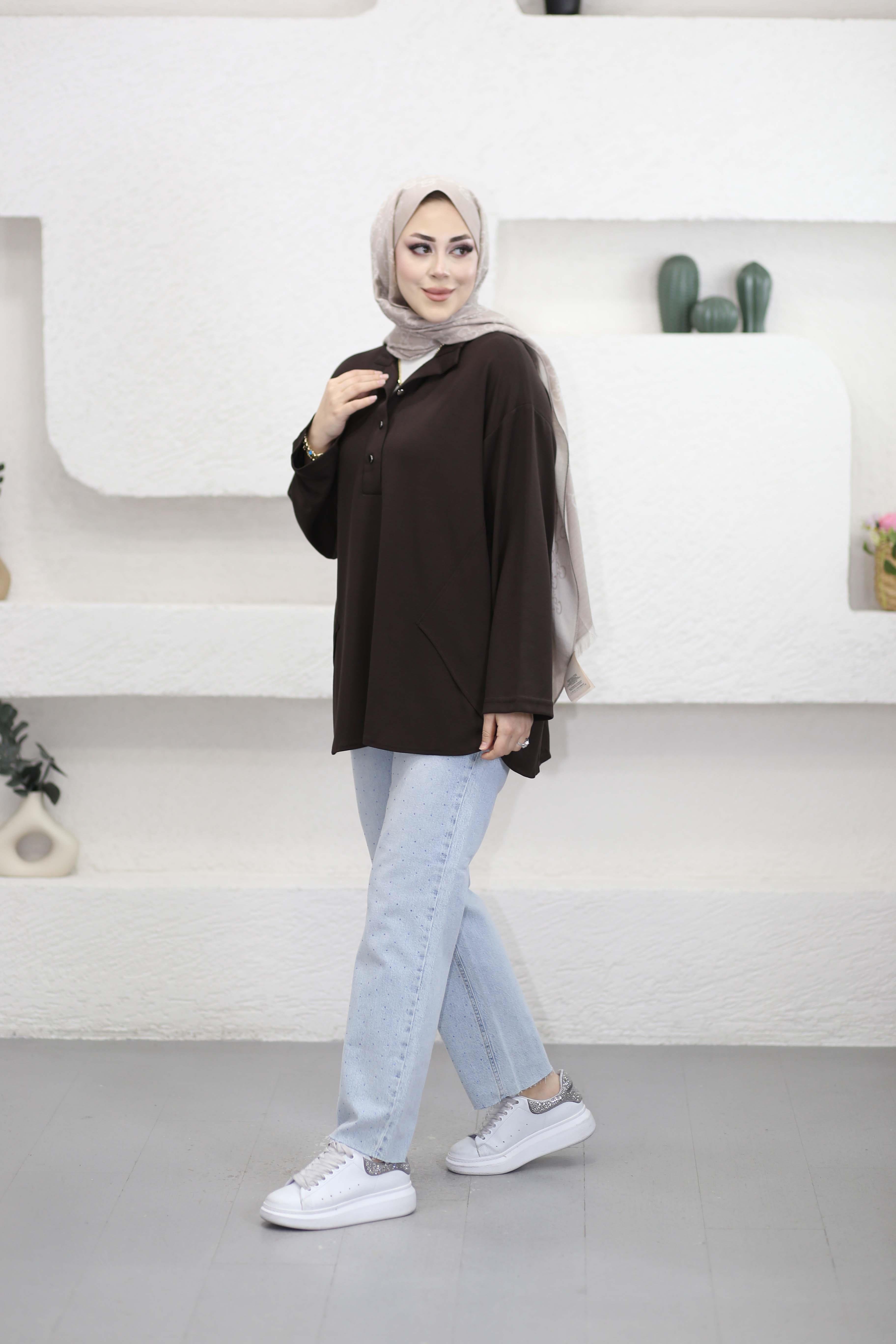 Çıtçıt Yaka Modal Tunik Kahverengi 6300