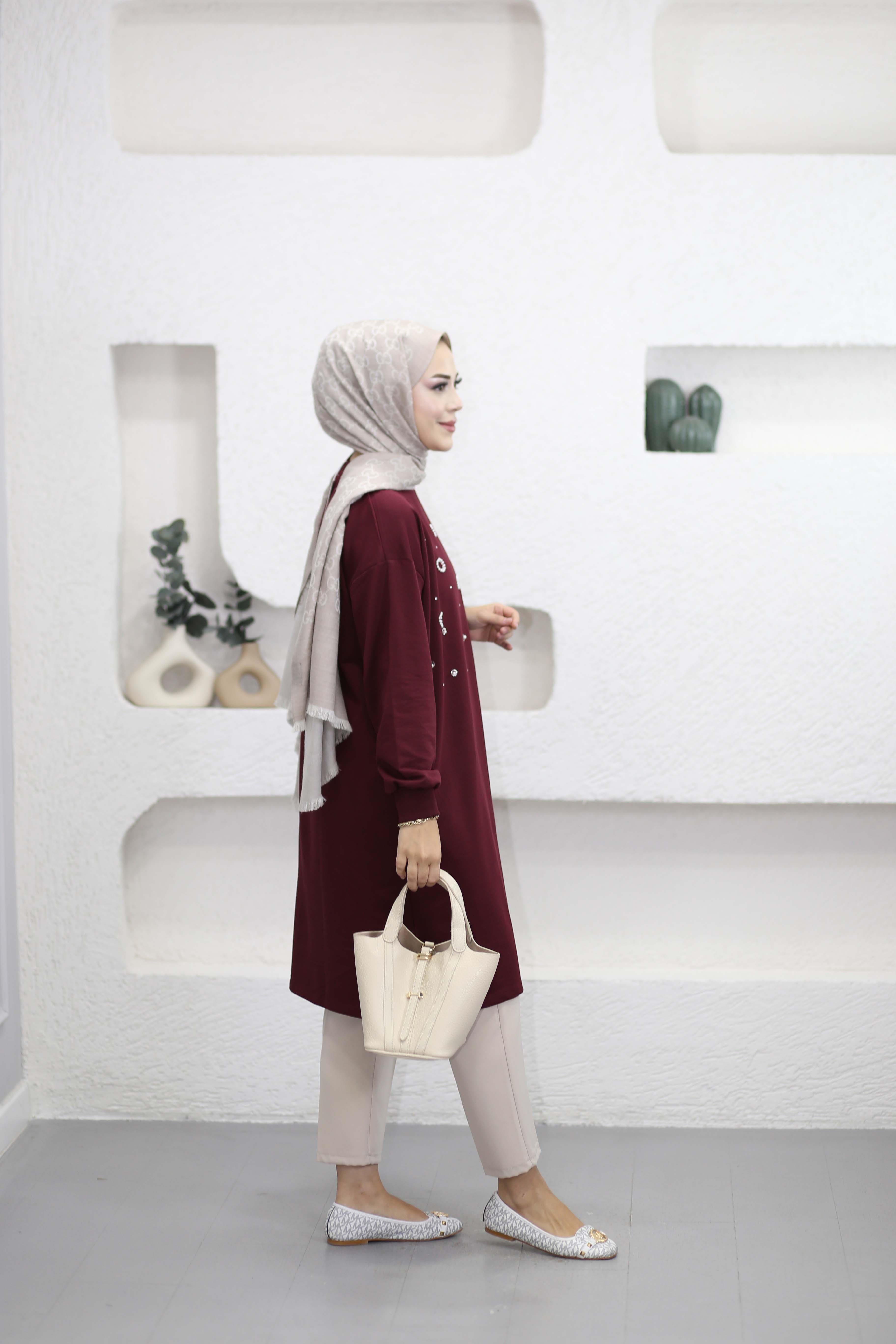 Taş Ve İnci Detaylı Sweat Bordo 3138