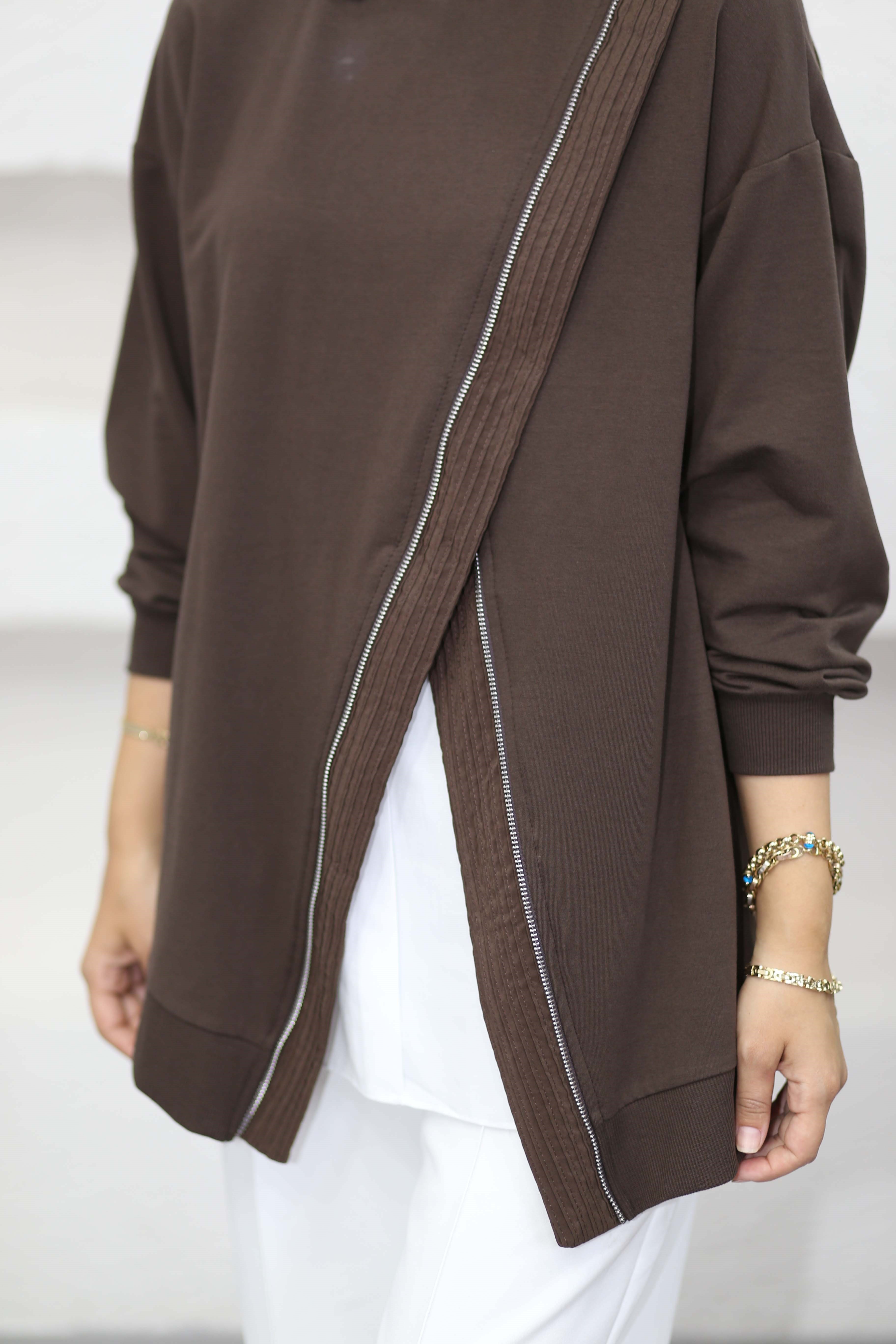 Çapraz Fermuarlı Sweat Kahverengi 10771