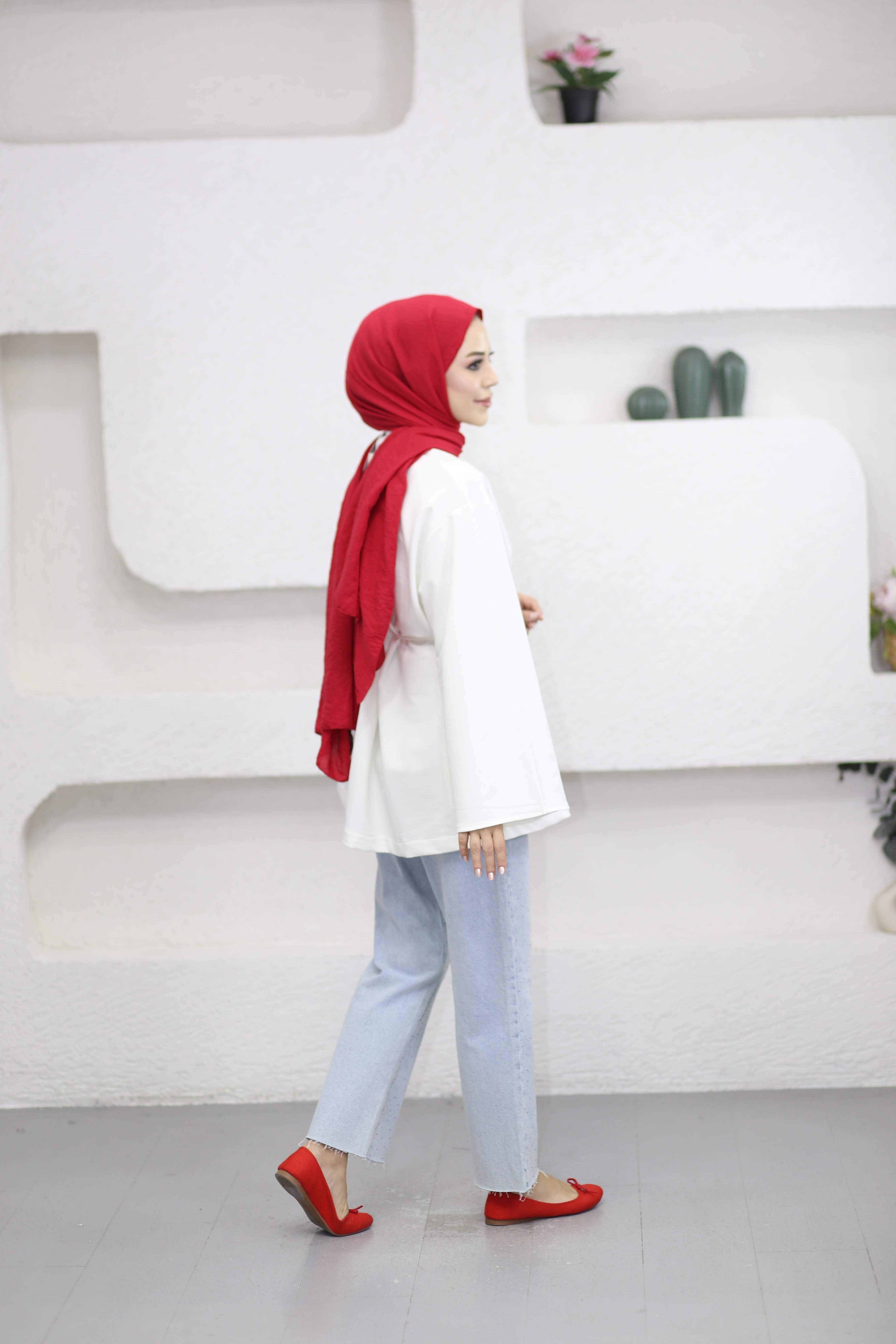 Asimetrik Kesim Bel Bağlamalı Tunik Beyaz 3550