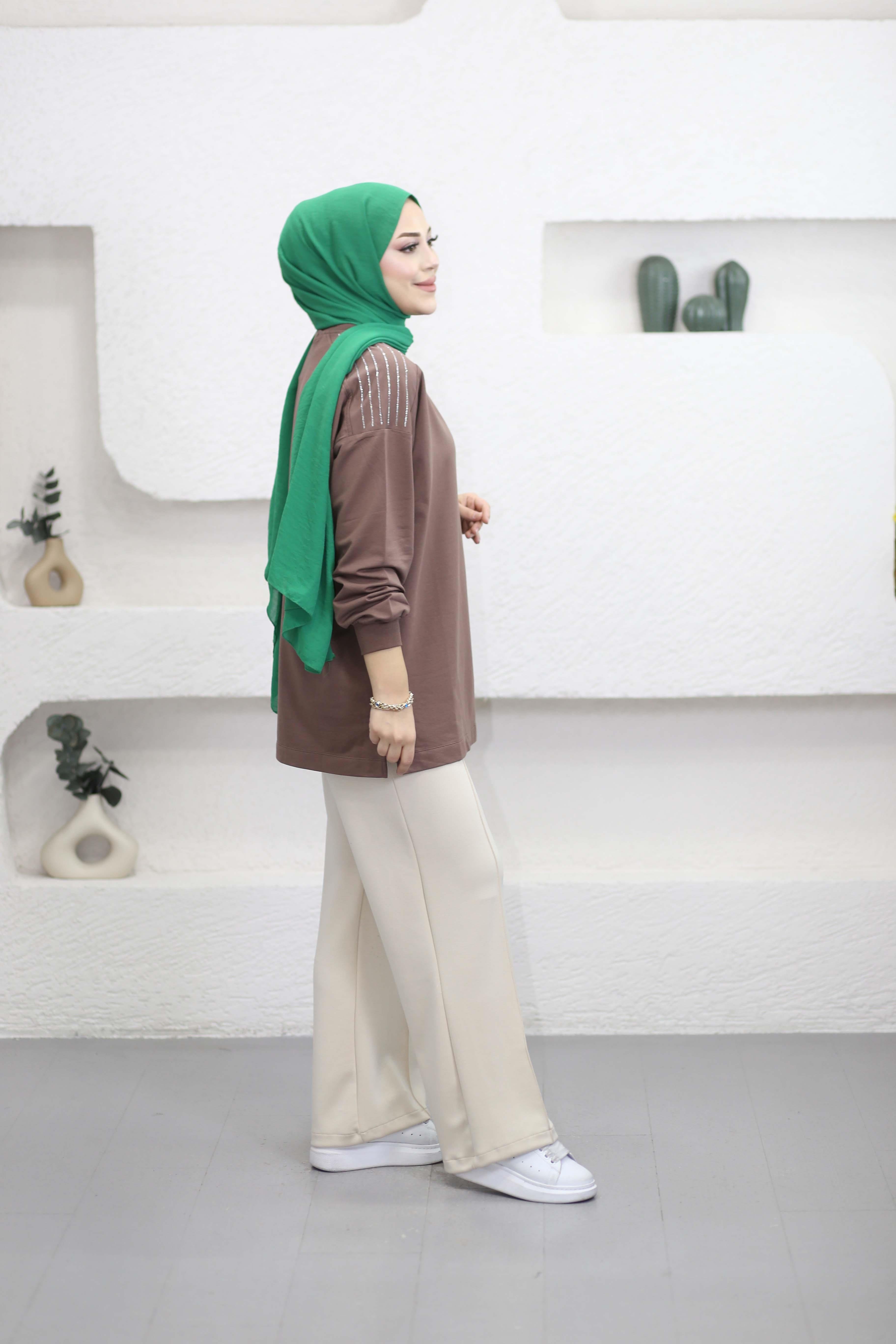 Omzu Taş Detaylı Sweat Toprak 3053