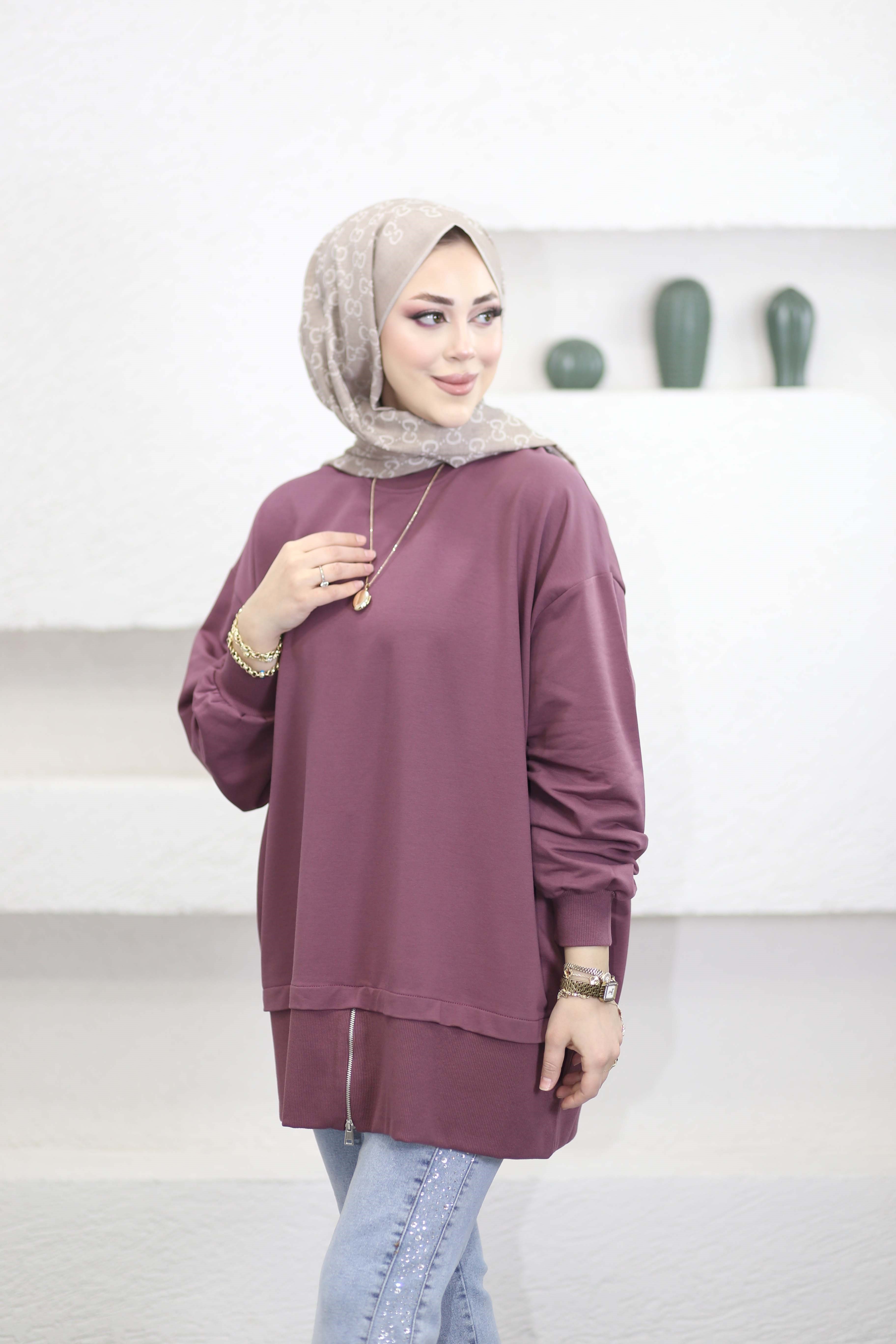 Eteği Fermuarlı Basıc Sweat Mürdüm 6284