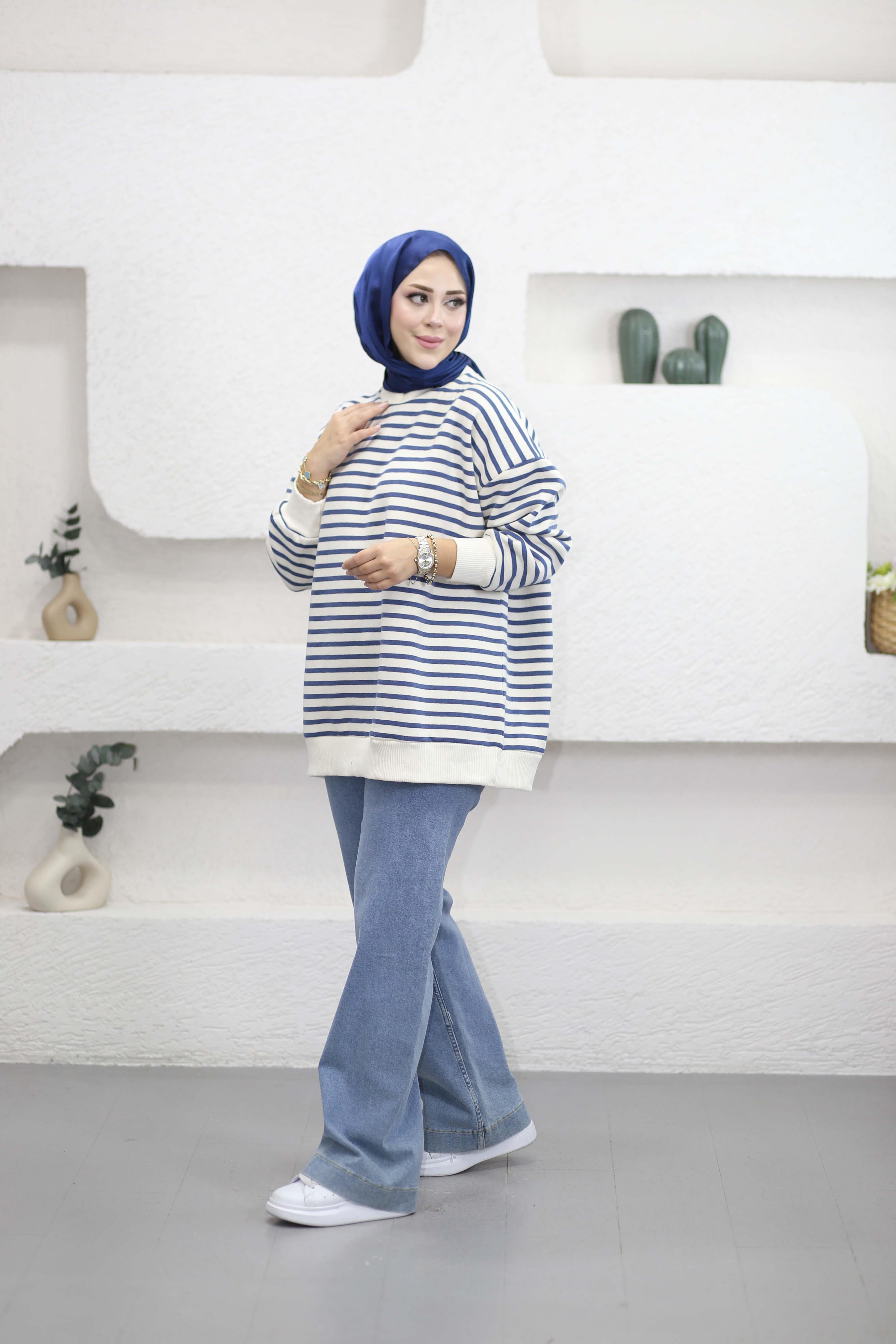 Oversize Çizgili Sweat İndigo 3030