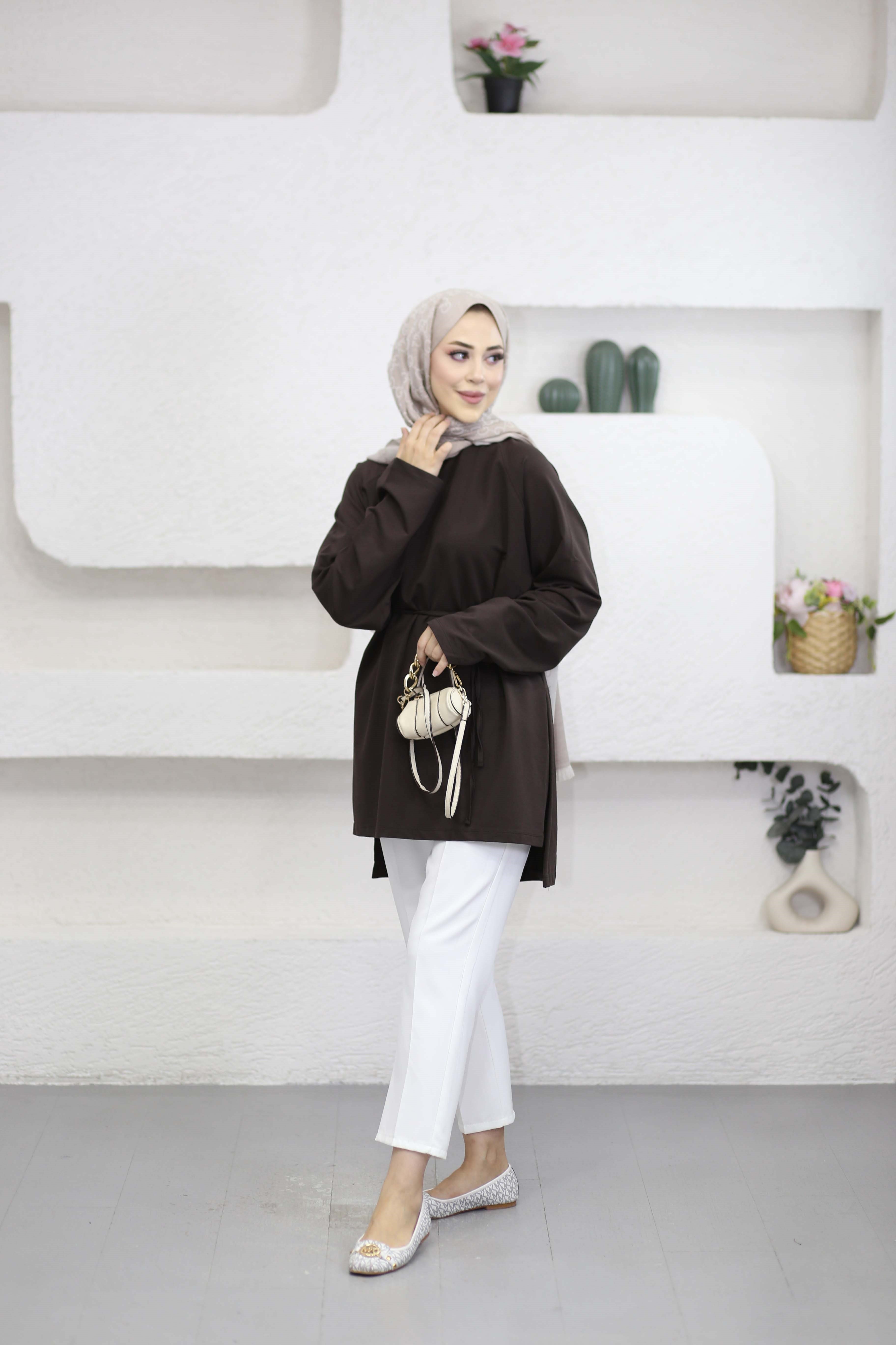 Bel Bağlamalı Tunik Kahverengi 3548