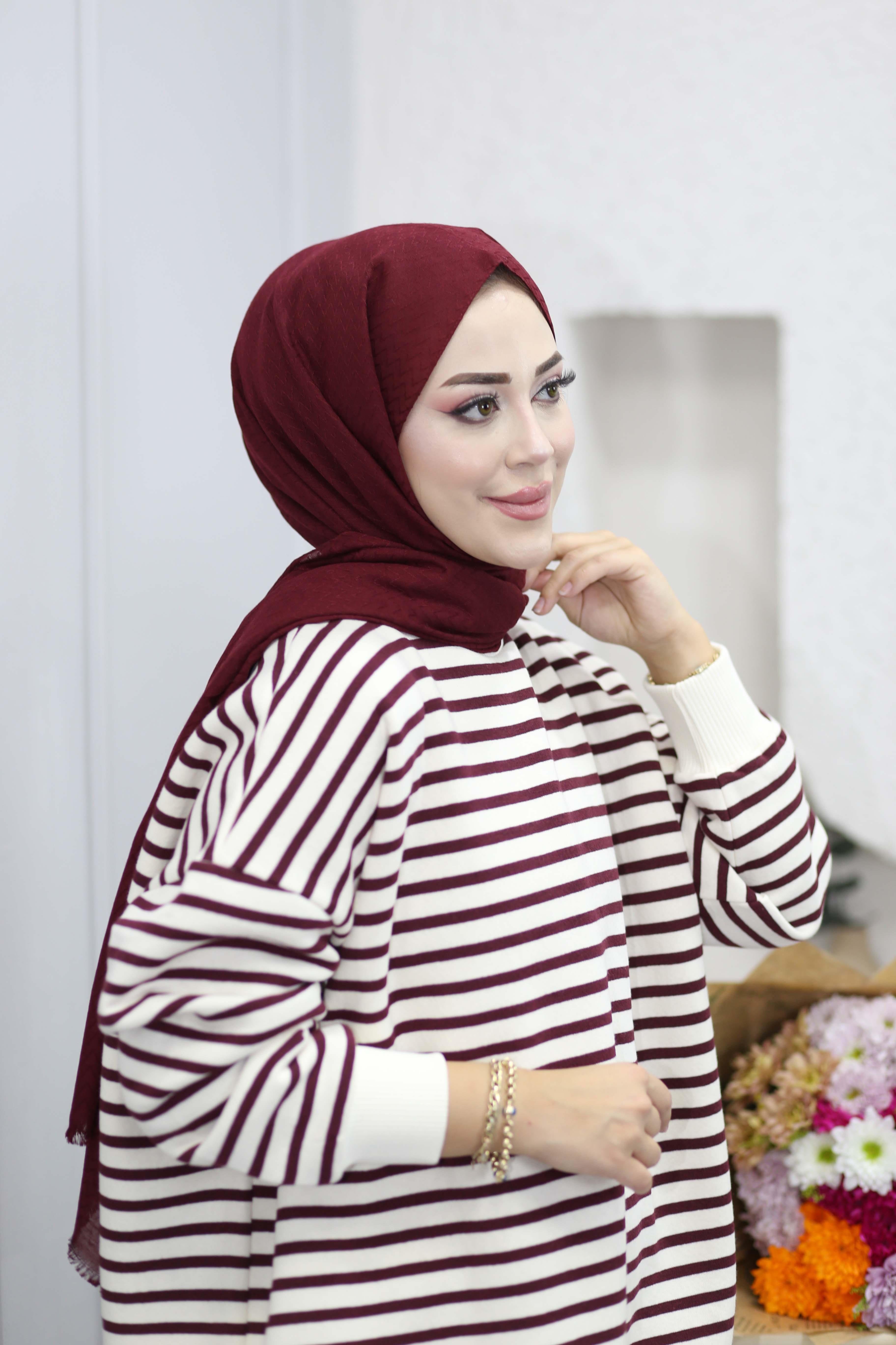 Oversize Çizgili Sweat Bordo 3030