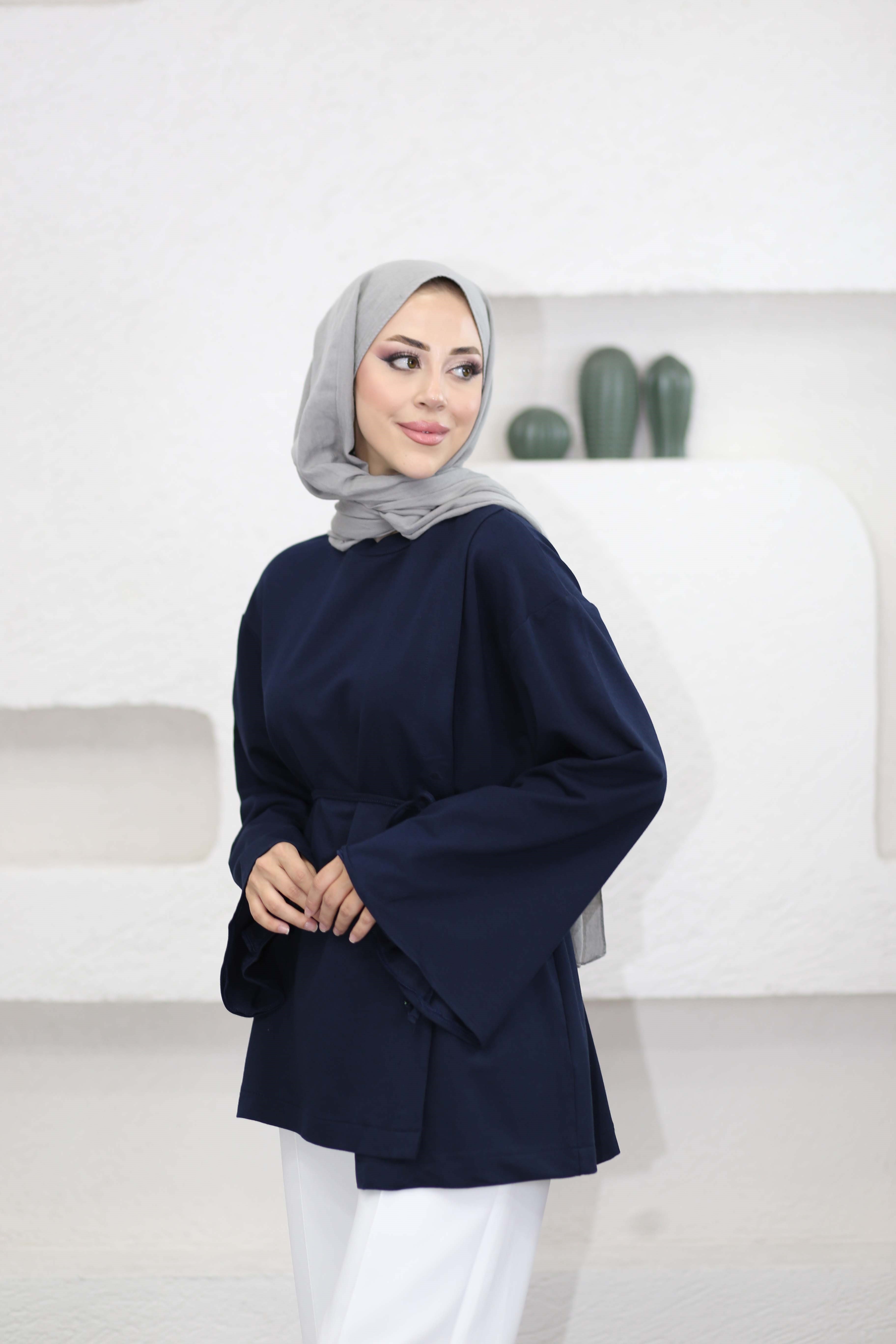 Asimetrik Kesim Bel Bağlamalı Tunik Lacivert 3550