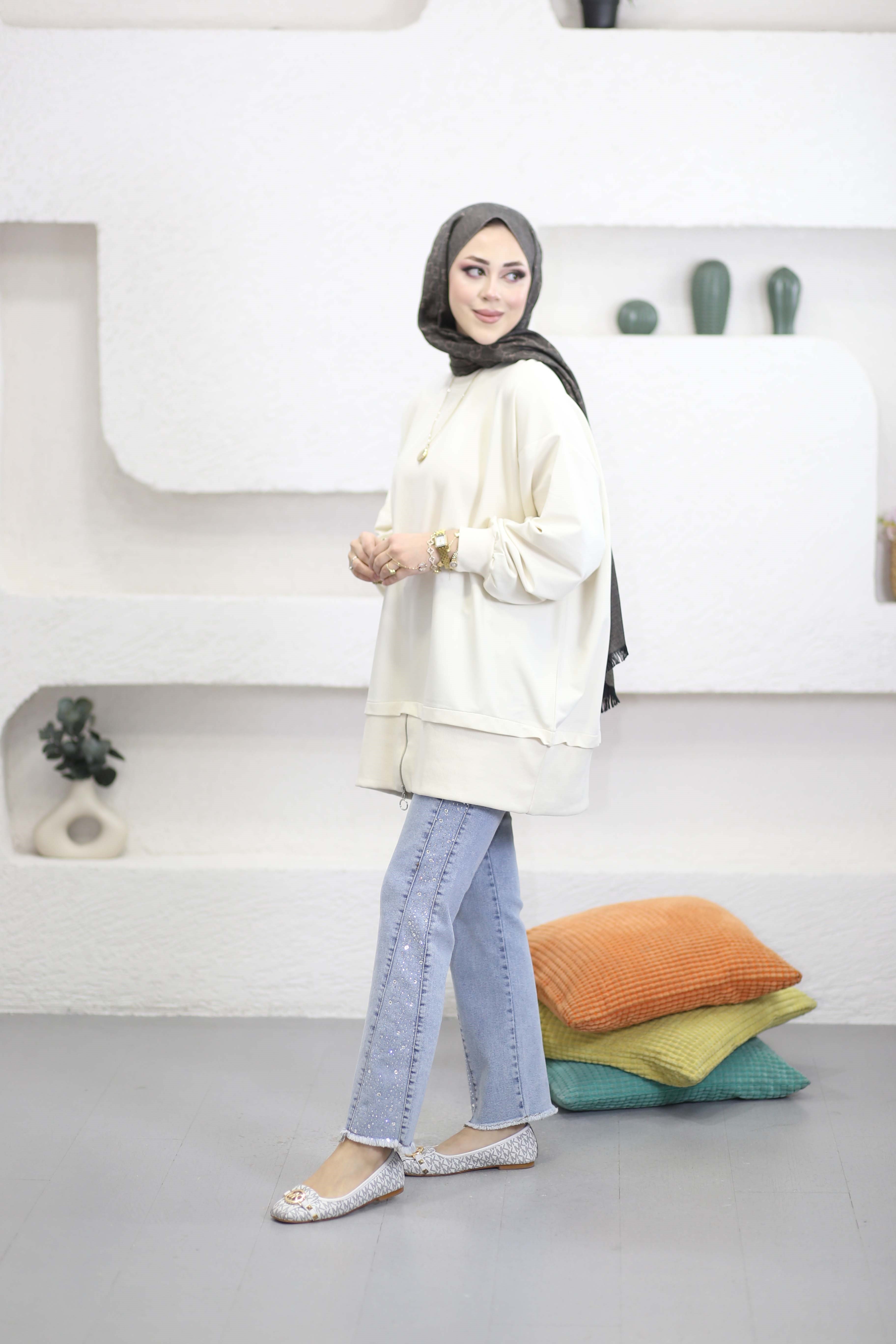 Eteği Fermuarlı Basıc Sweat Krem 6284