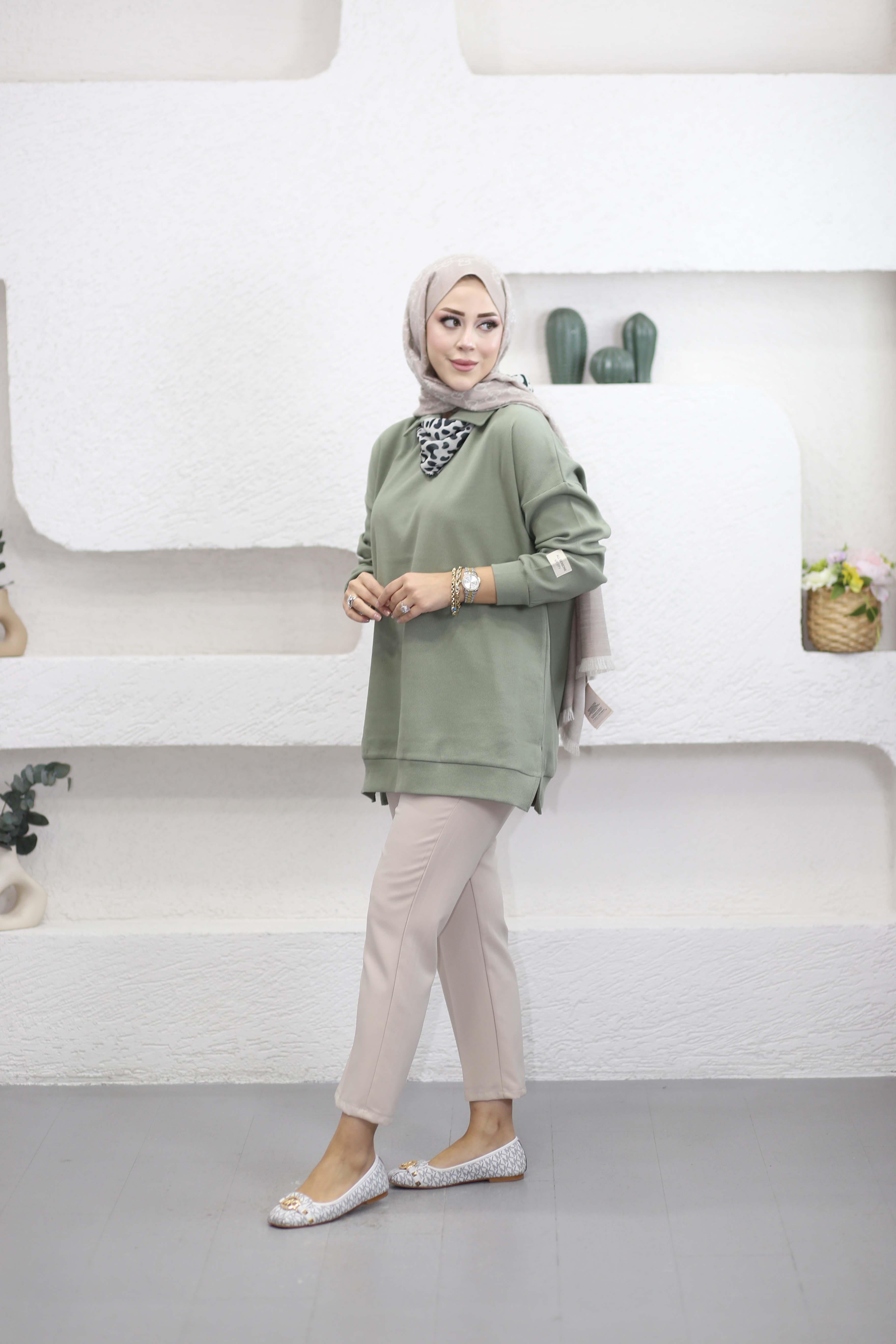 Leopar Fularlı Sweat Çağla Yeşili 6110