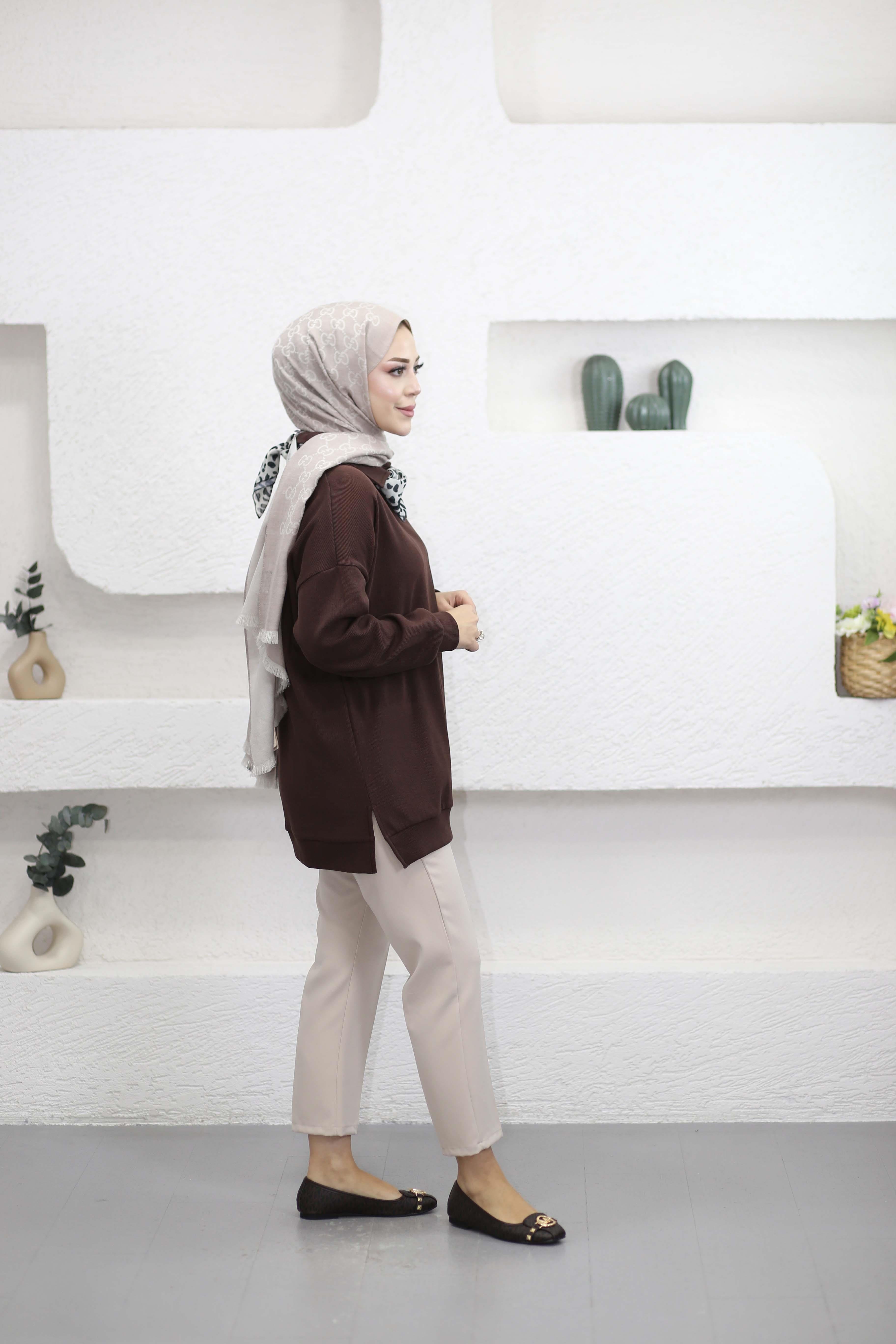 Leopar Fularlı Sweat Kahverengi 6110
