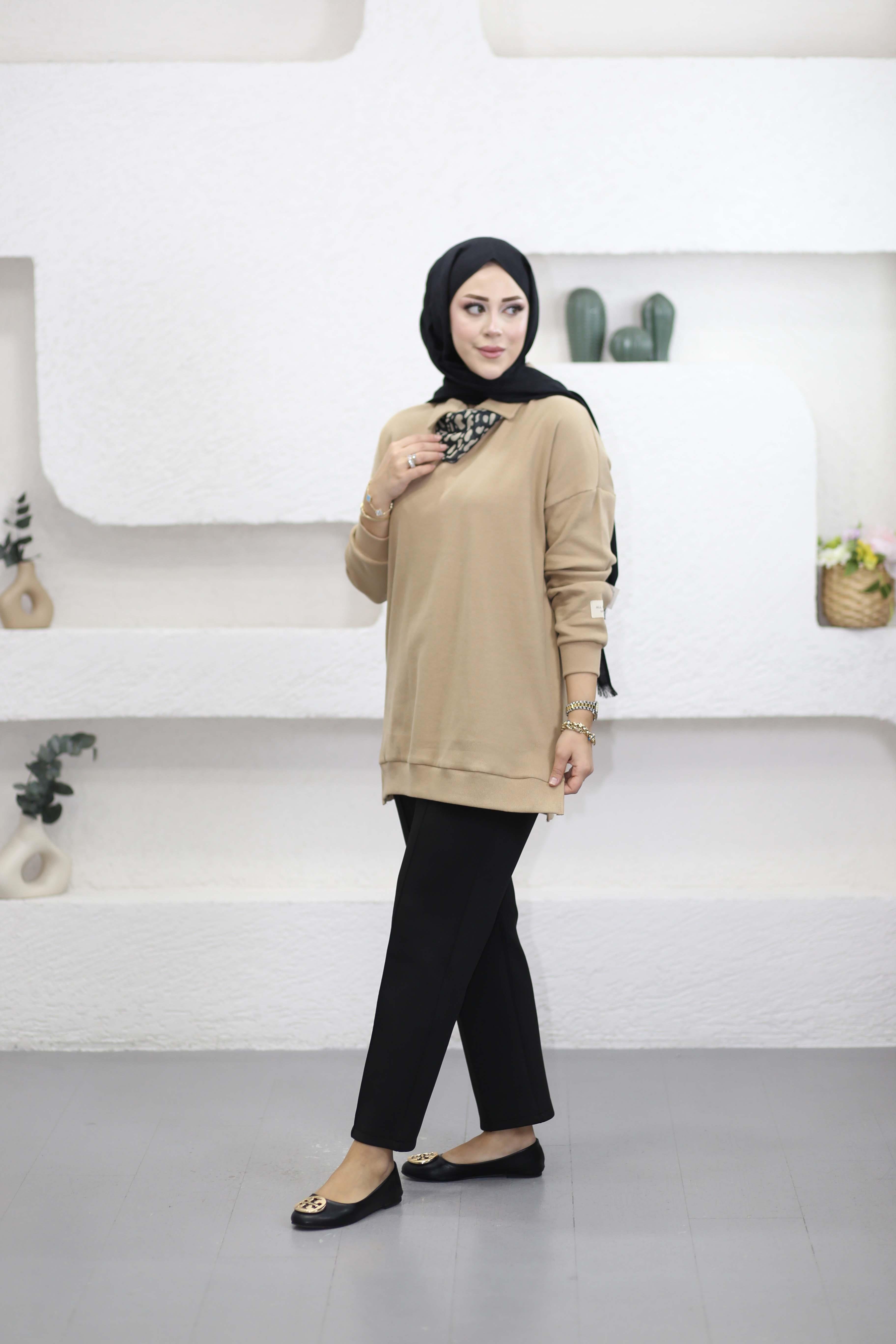 Leopar Fularlı Sweat Camel 6110