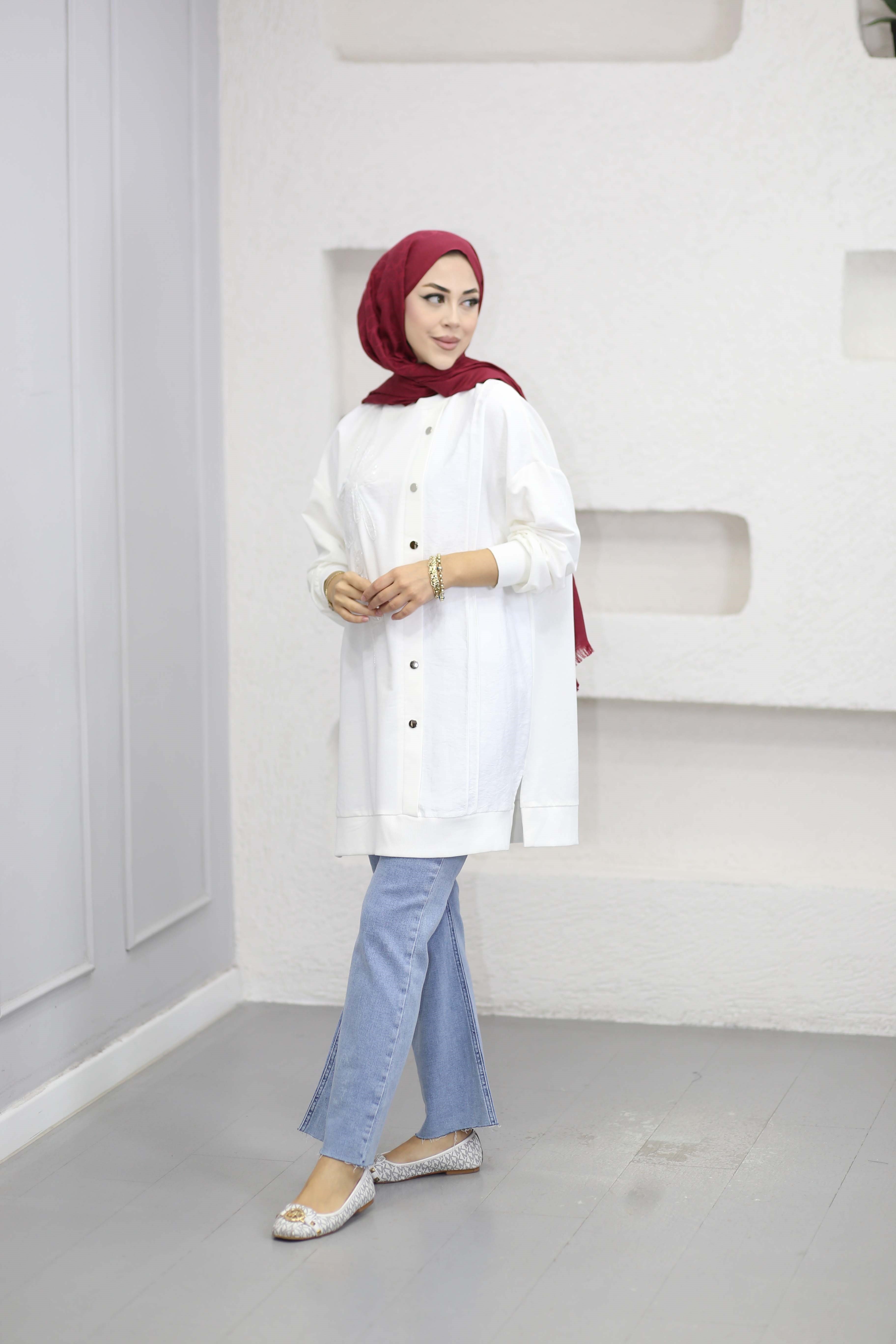 Boncuk İşleme Detaylı Sweat Beyaz 10810