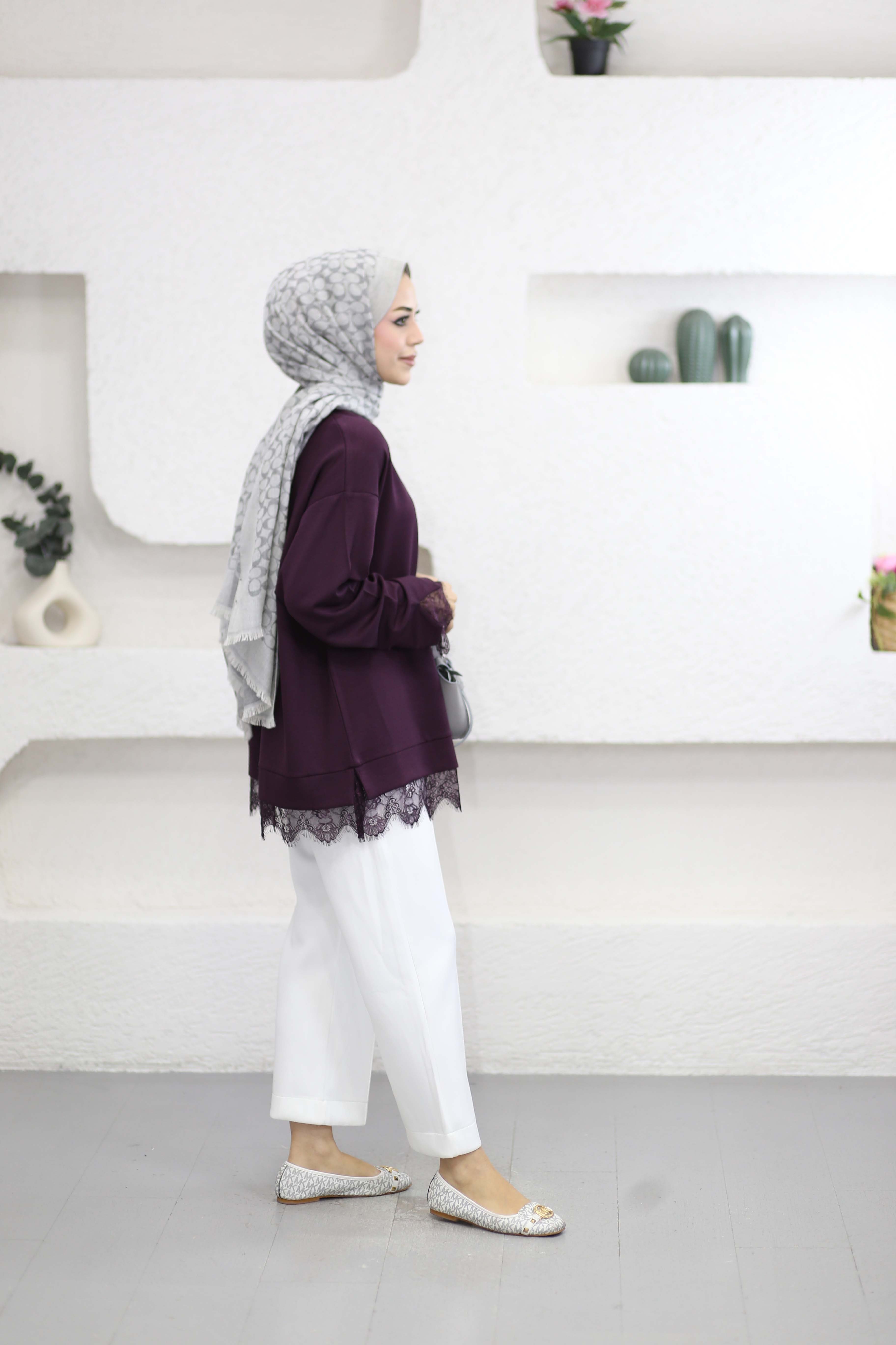 Dantel Detay Yıldız Sweat Bordo 6746