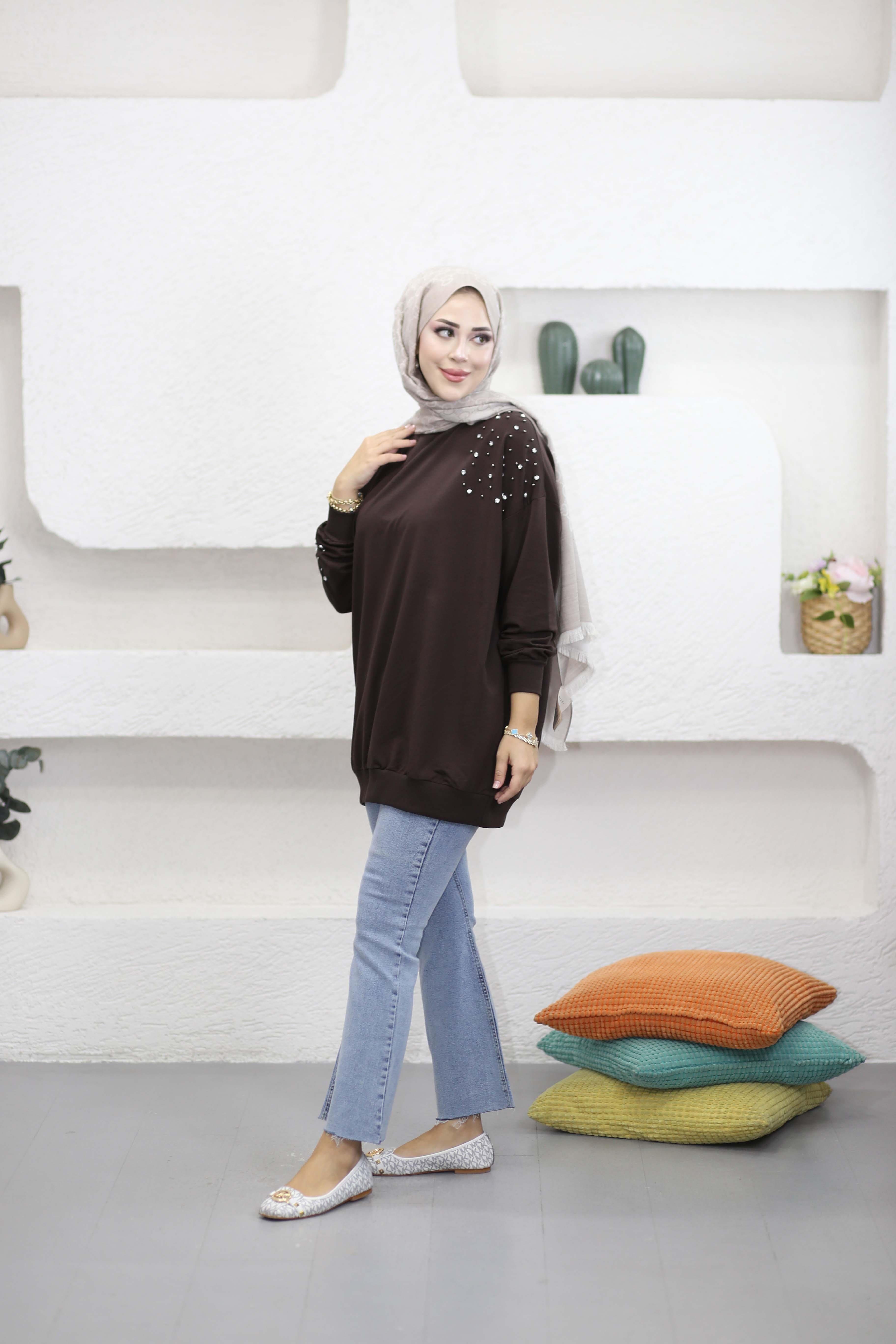 Taş Ve İnci Detaylı Sweat Kahverengi 2408
