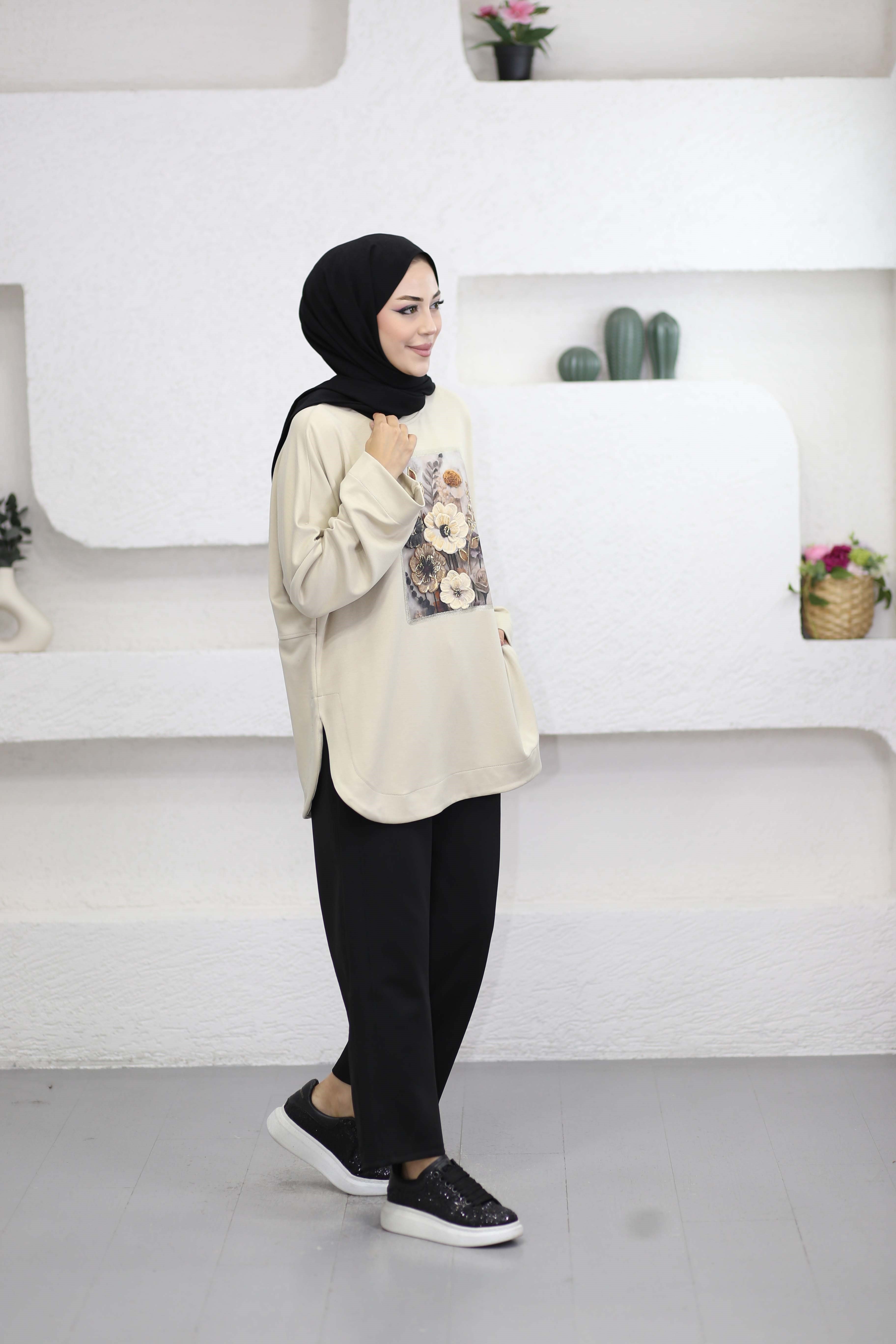 Çiçek Nakışlı Sweat Vizon 1135