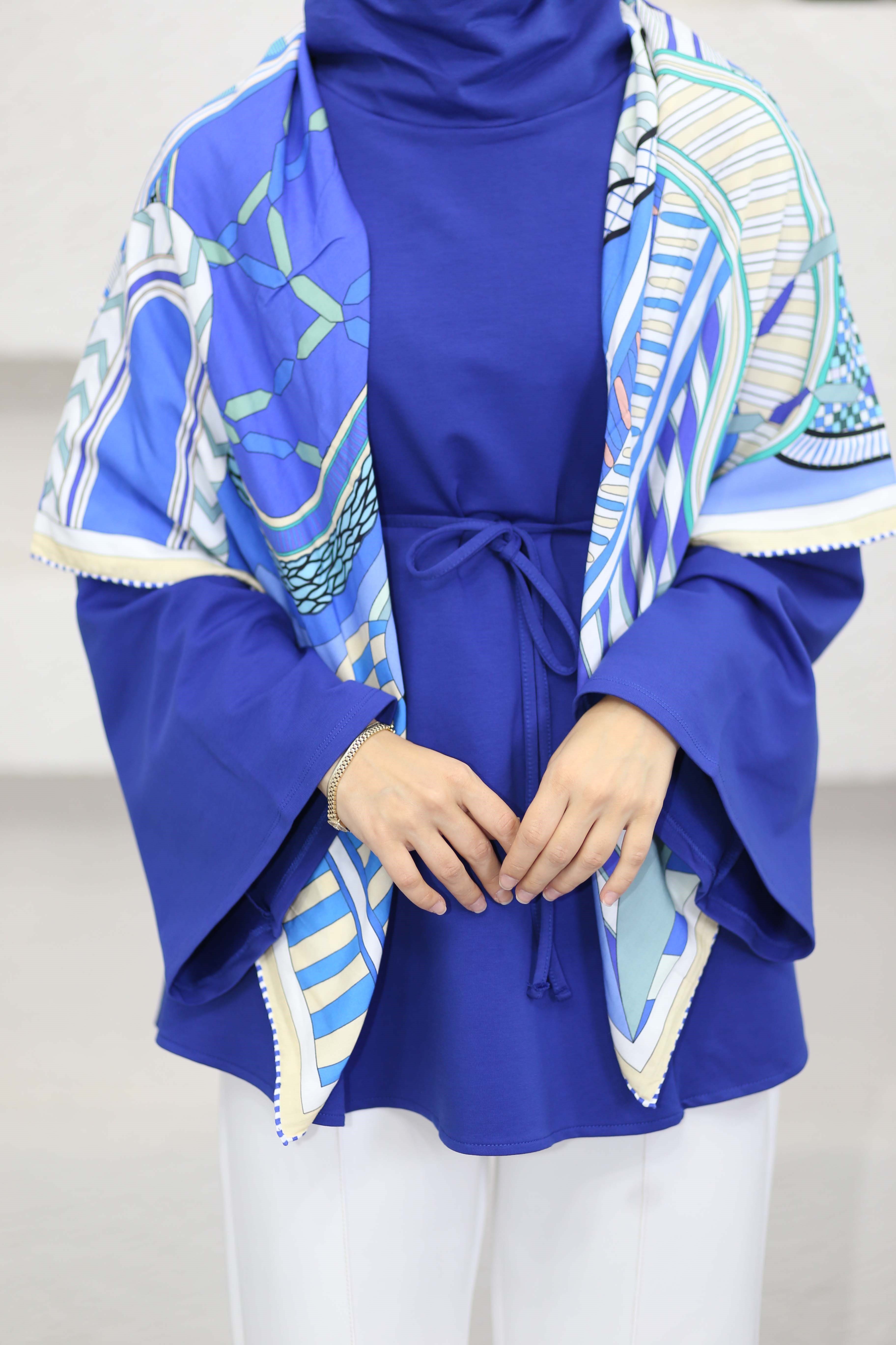 Bel Bağlamalı Dik Yaka Tunik Saks 3540