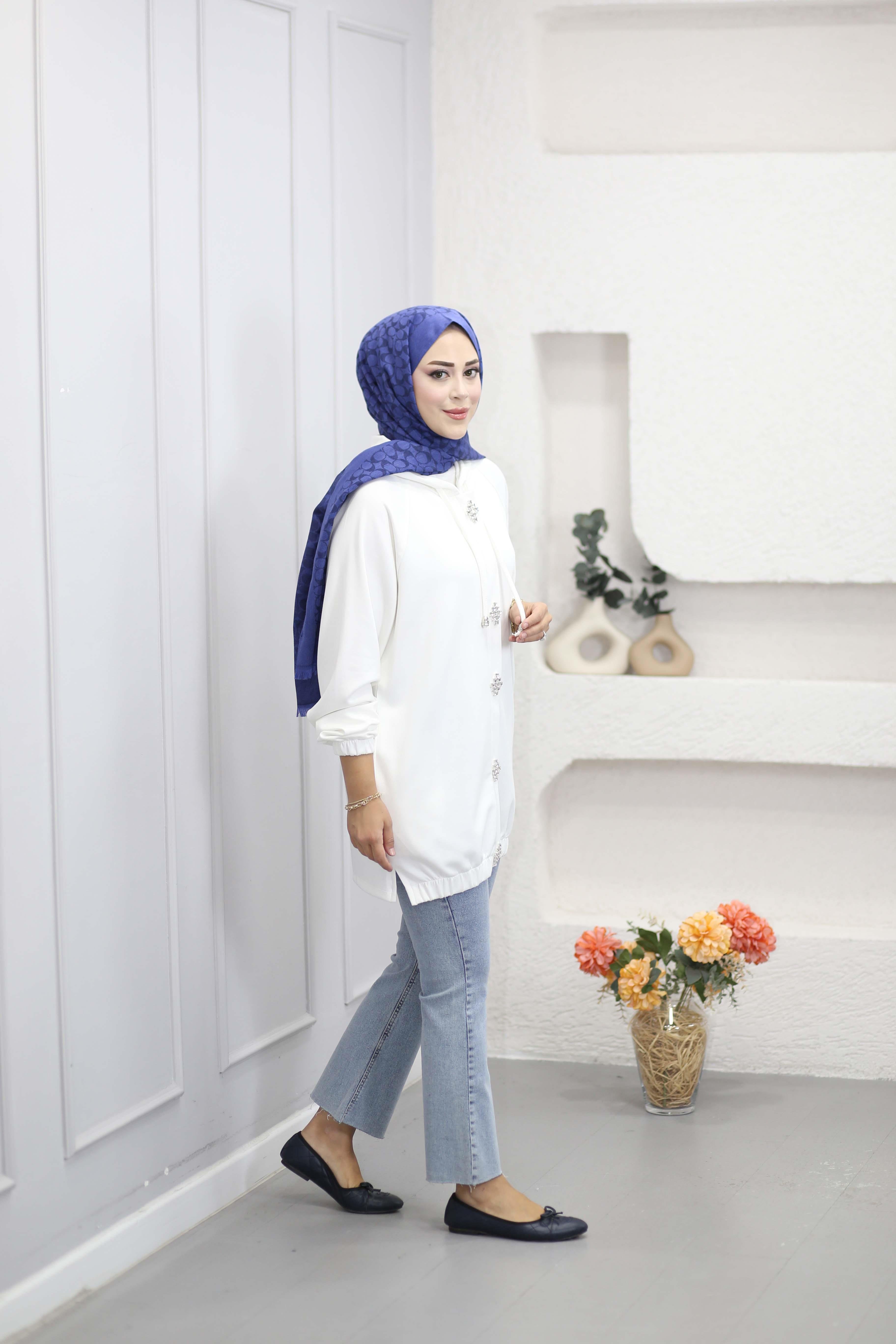 Kristal Dokunuş Kapşonlu Sweat Beyaz 250305