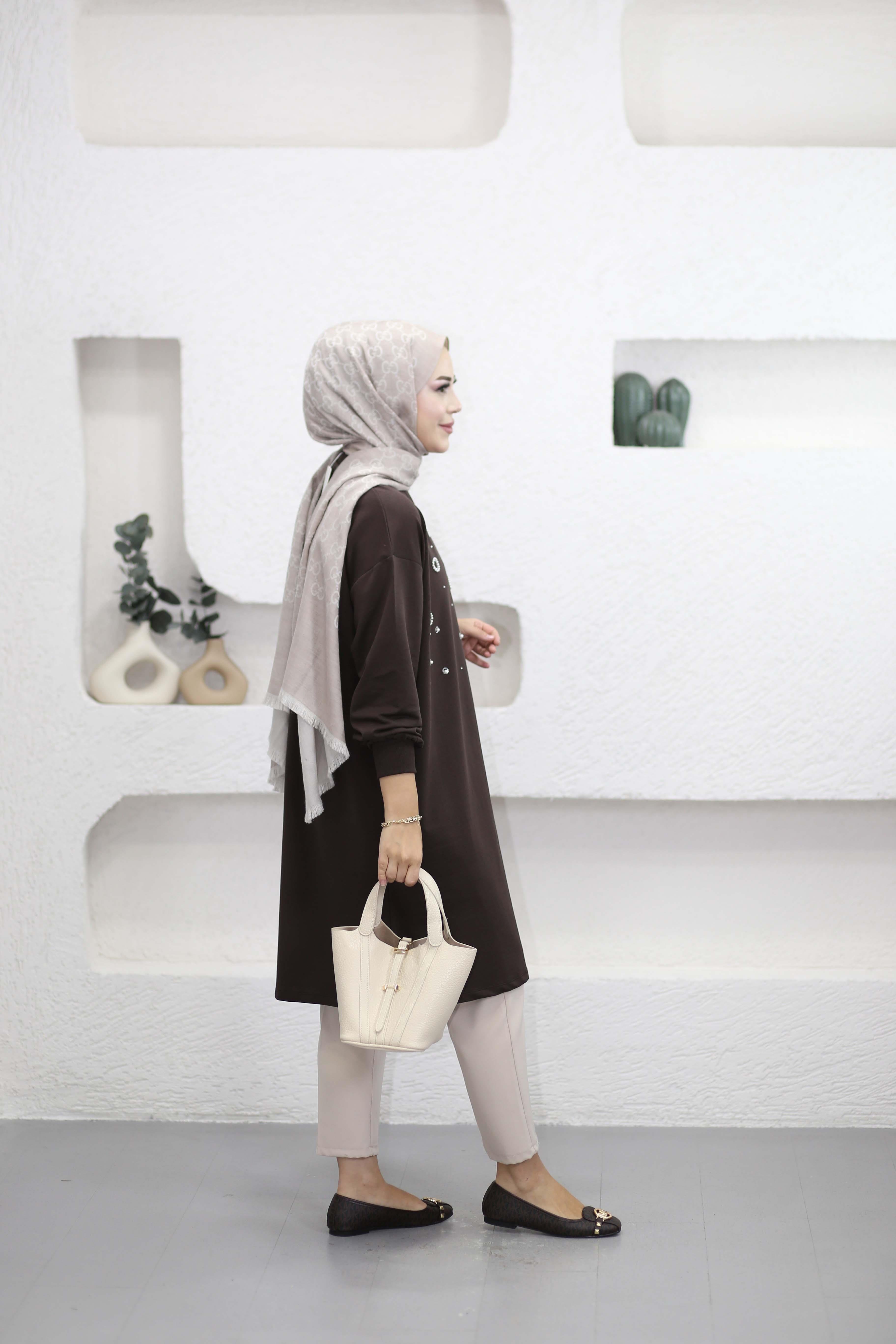 Taş Ve İnci Detaylı Sweat Kahverengi 3138