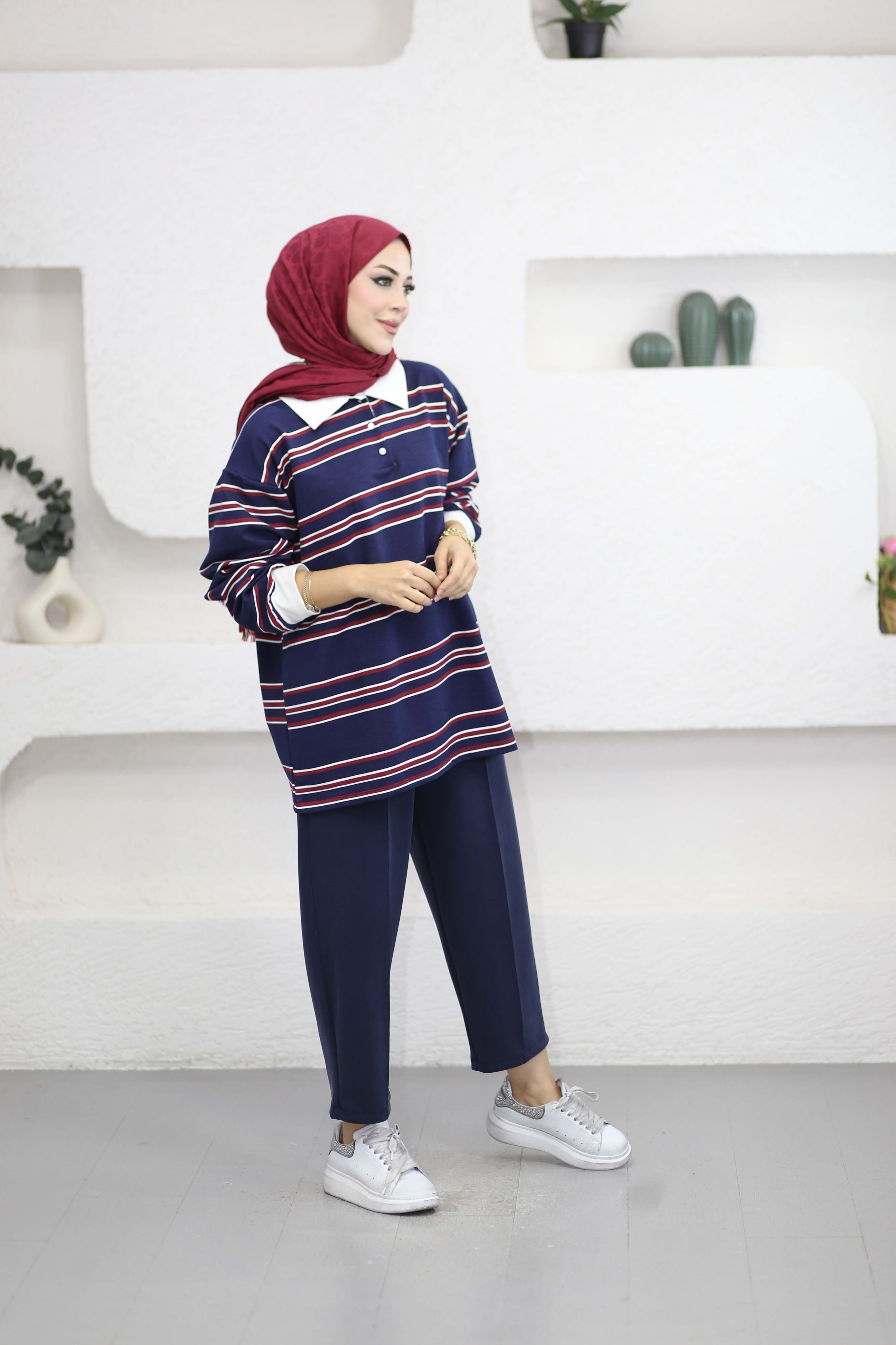 Gömlek Yaka İnce Şeritli Sweat Lacivert 3628
