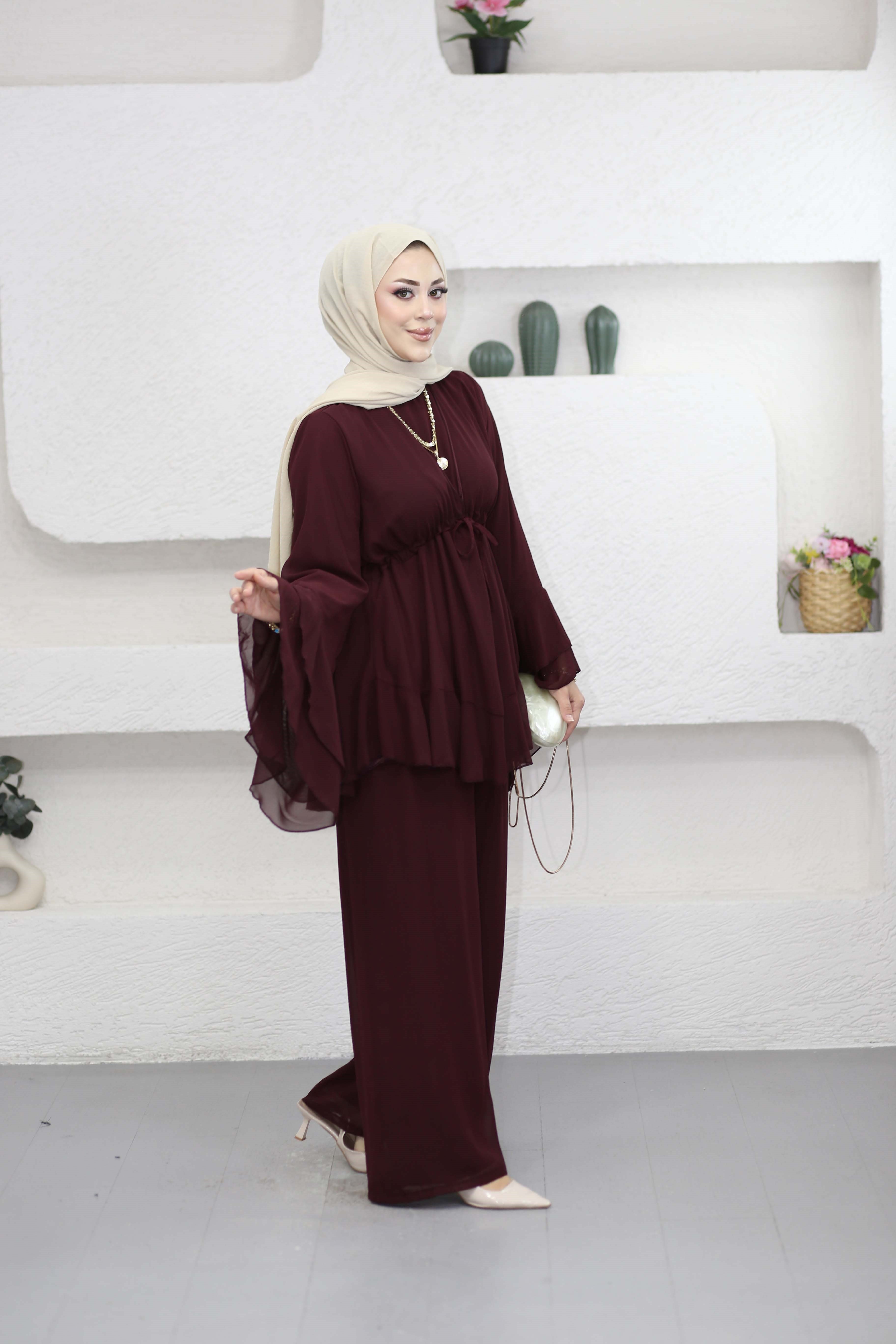 Bel Tünelli Şifon Takım Bordo 8418