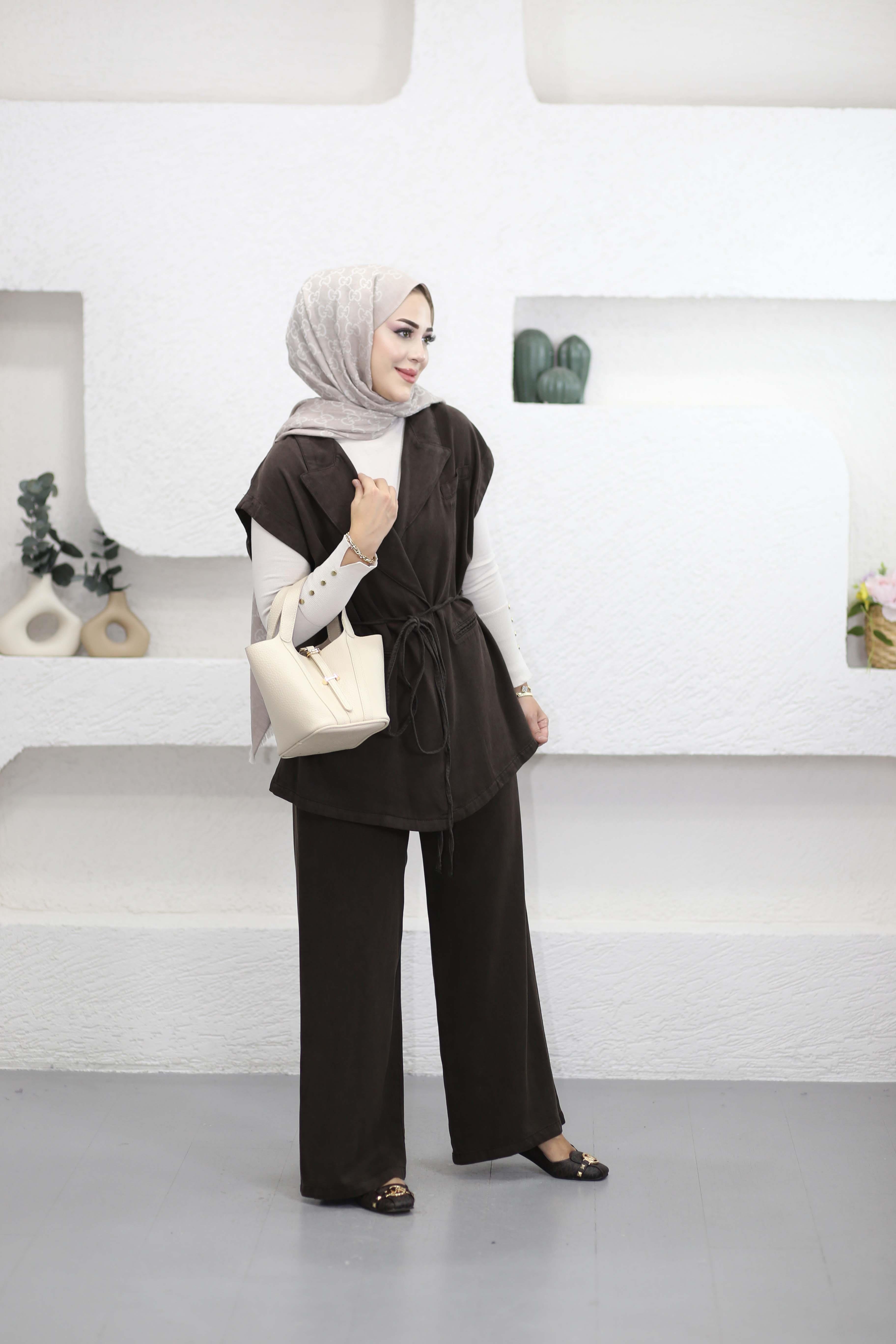 Bağlamalı Denim Yelek Takım Kahverengi 7422