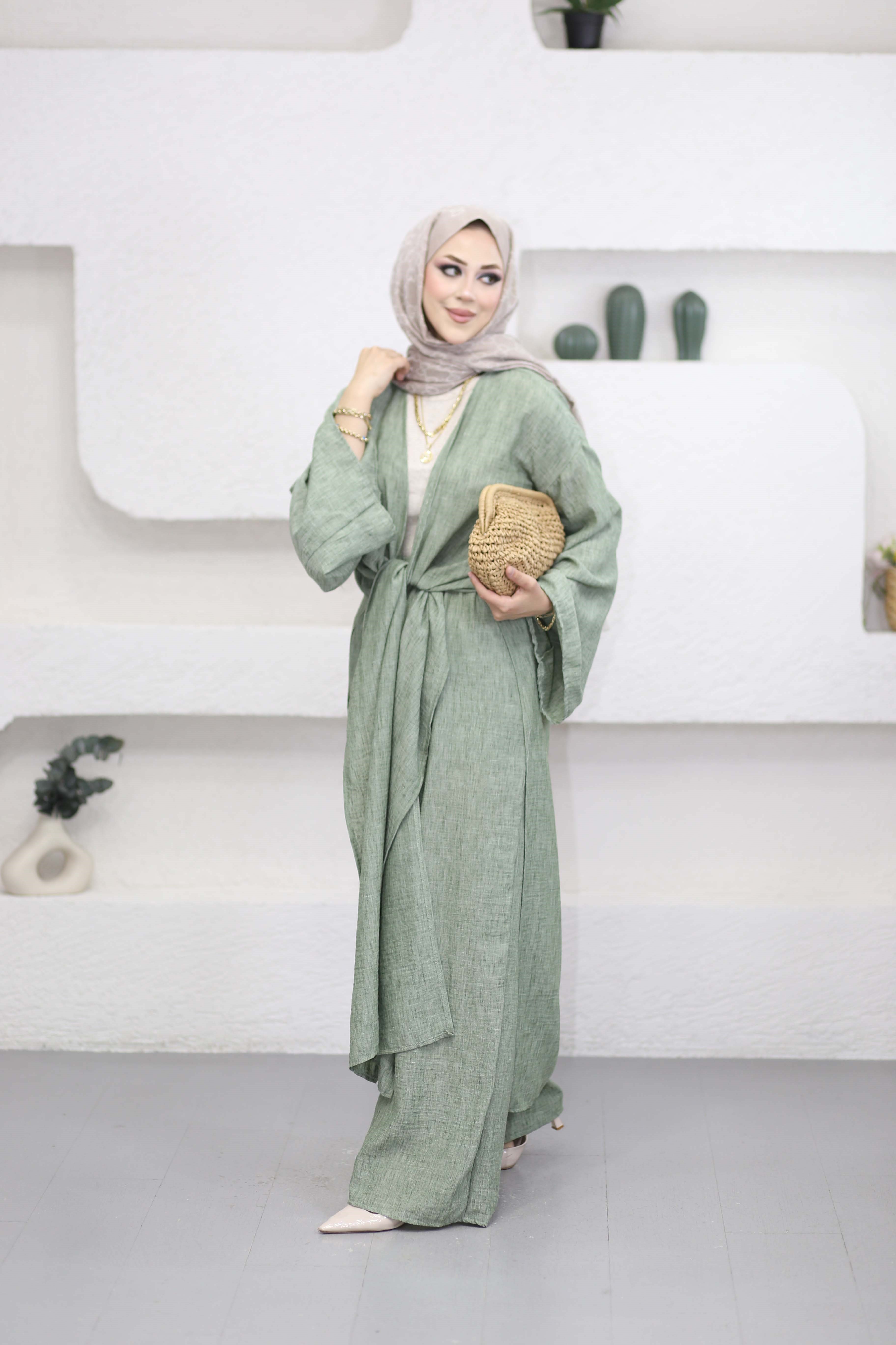 Pantolonlu Abaya Takım Yeşil 5813
