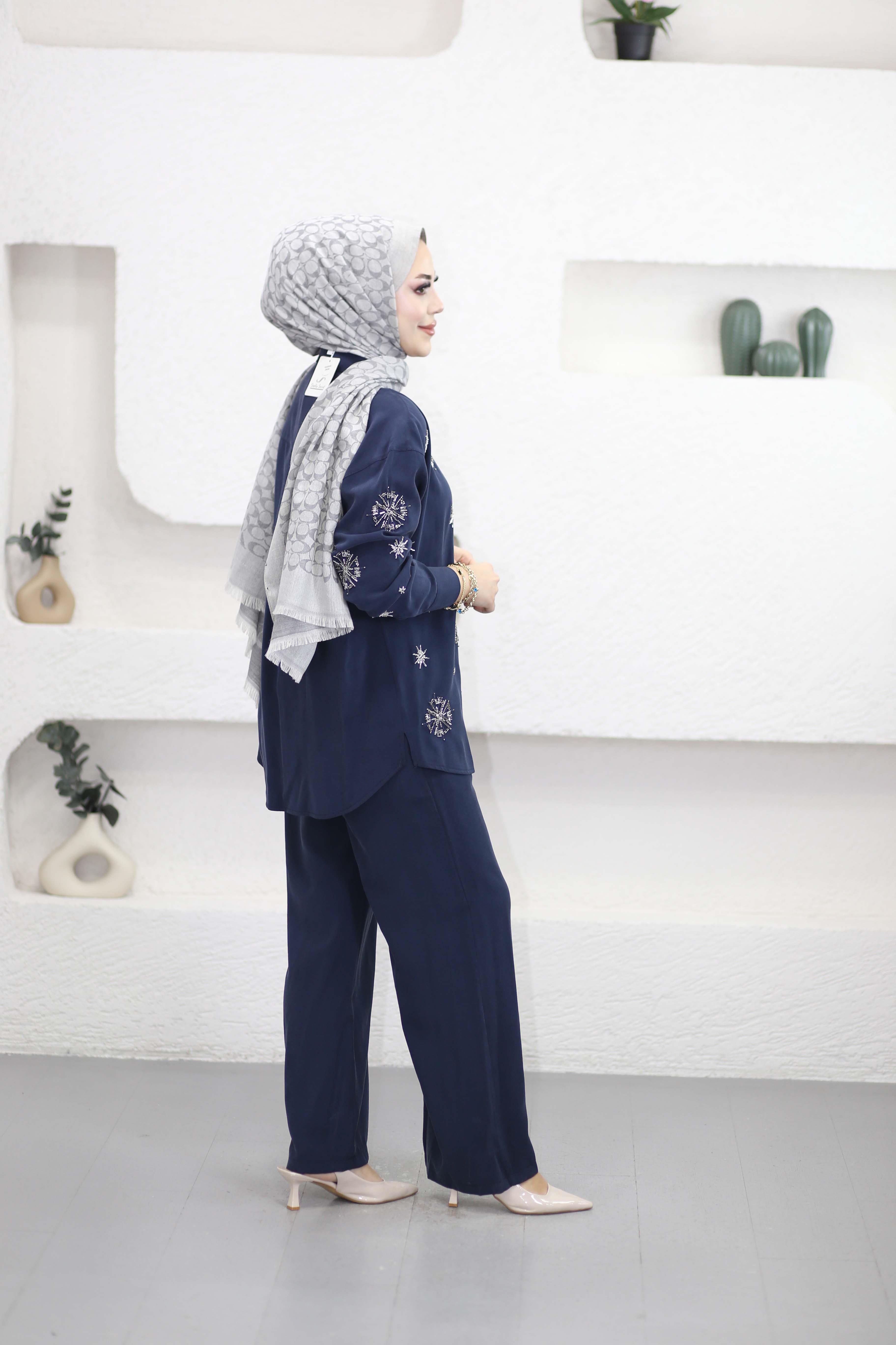 Boncuk İşlemeli Güneş Takım Lacivert 1480