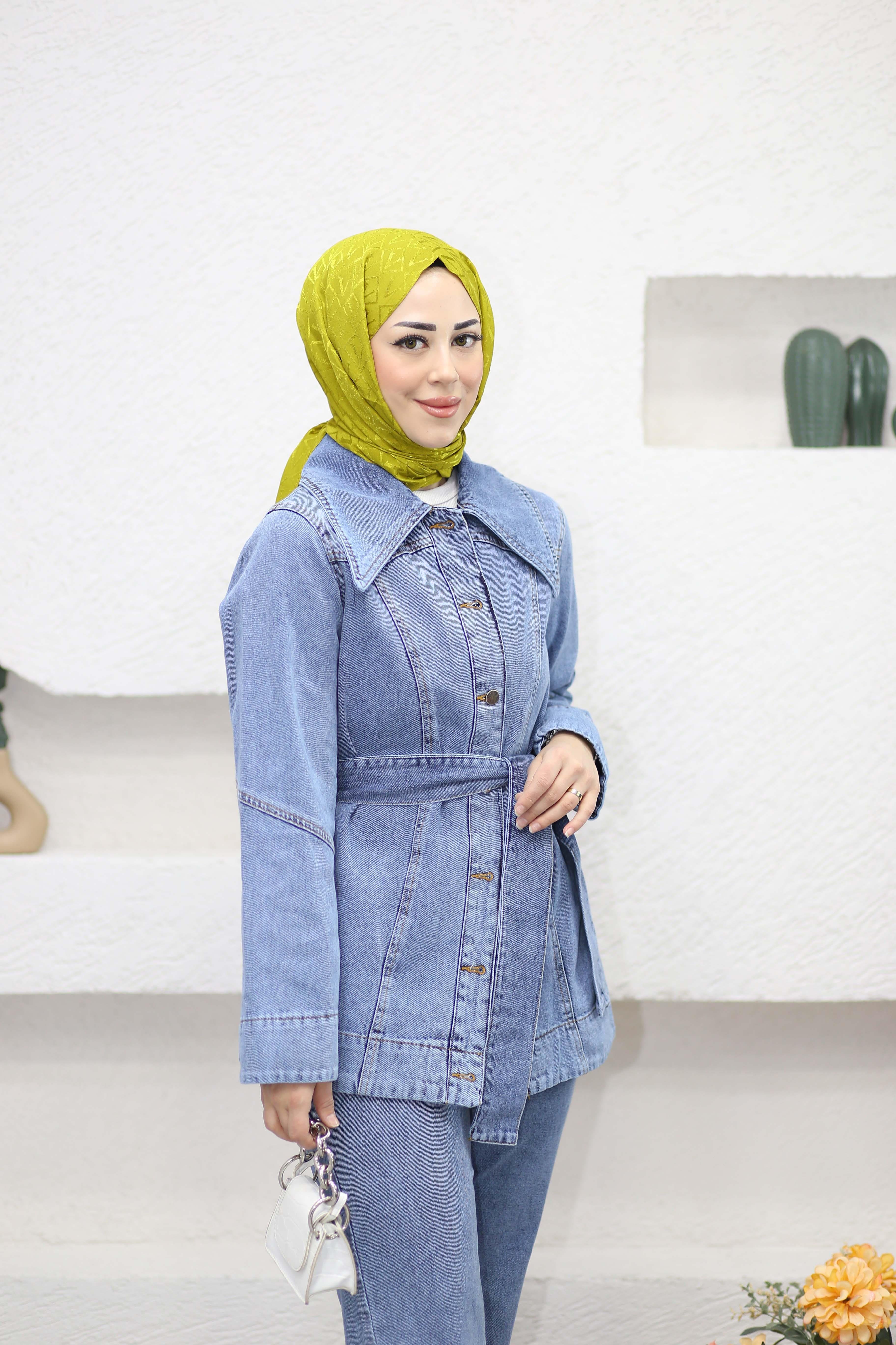 Düğmeli Denim Takım Açık Mavi 9010