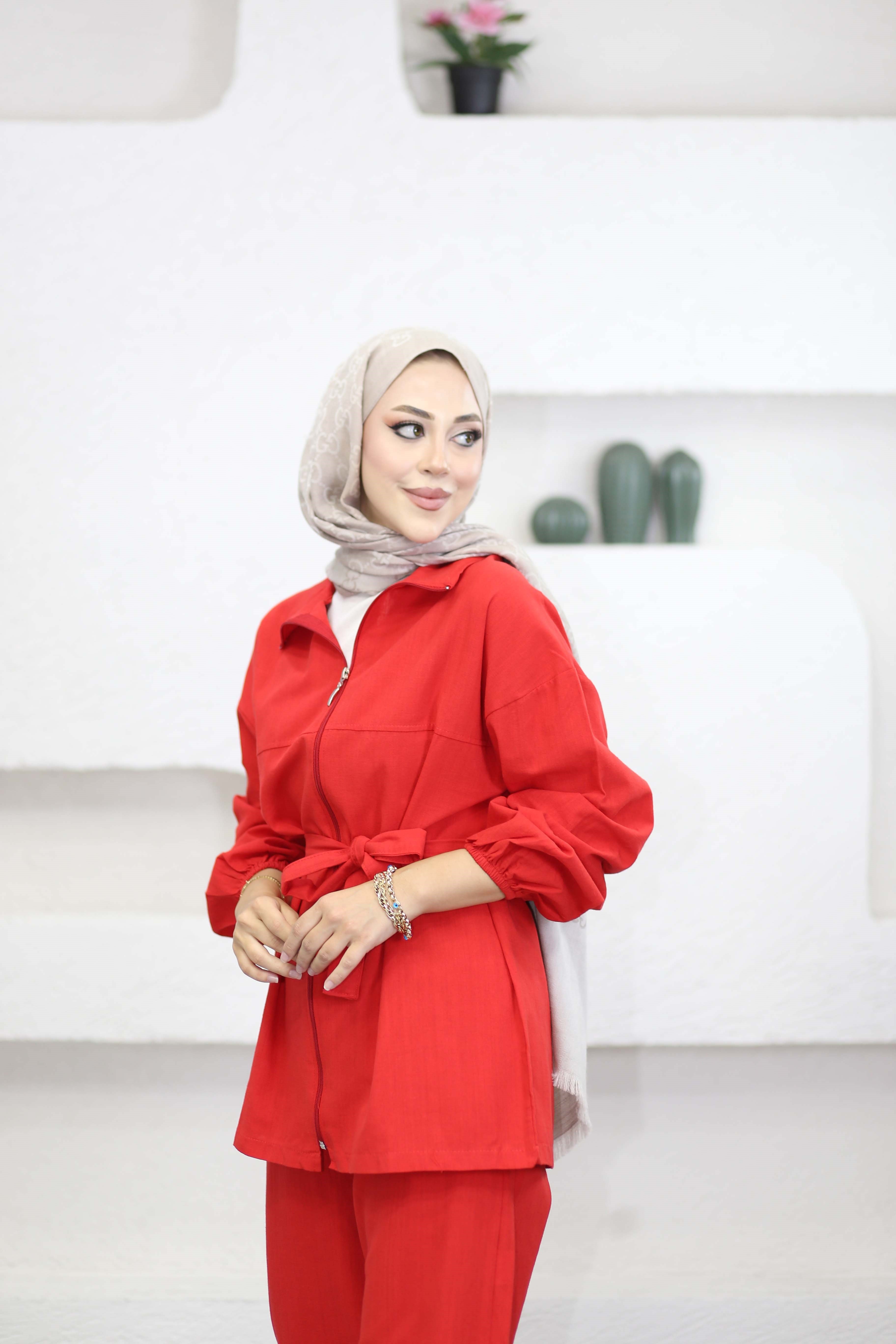 Fermuarlı Kuşaklı Takım Kırmızı 61708