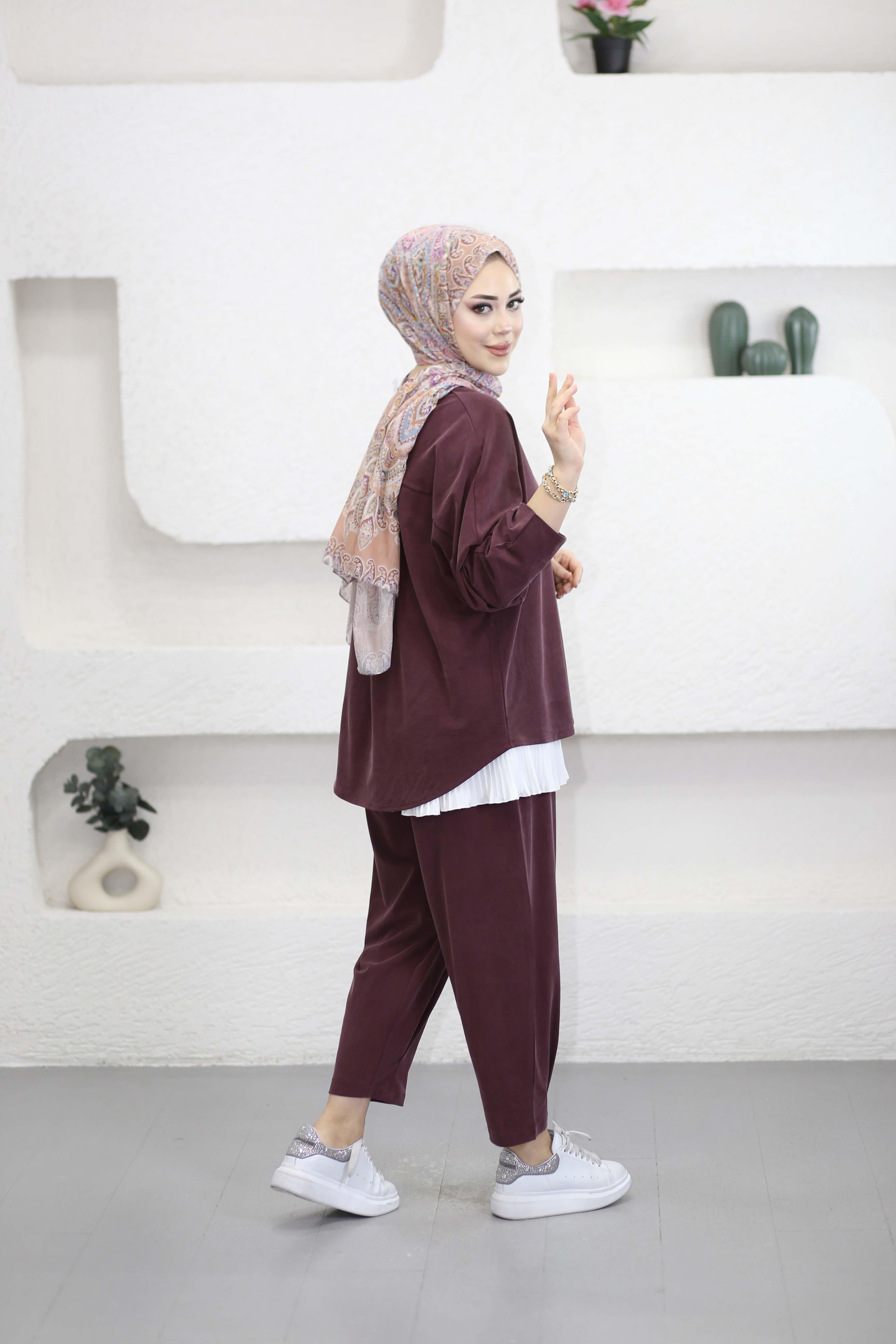 Arkası V Pile Şalvar Takım Bordo 6356