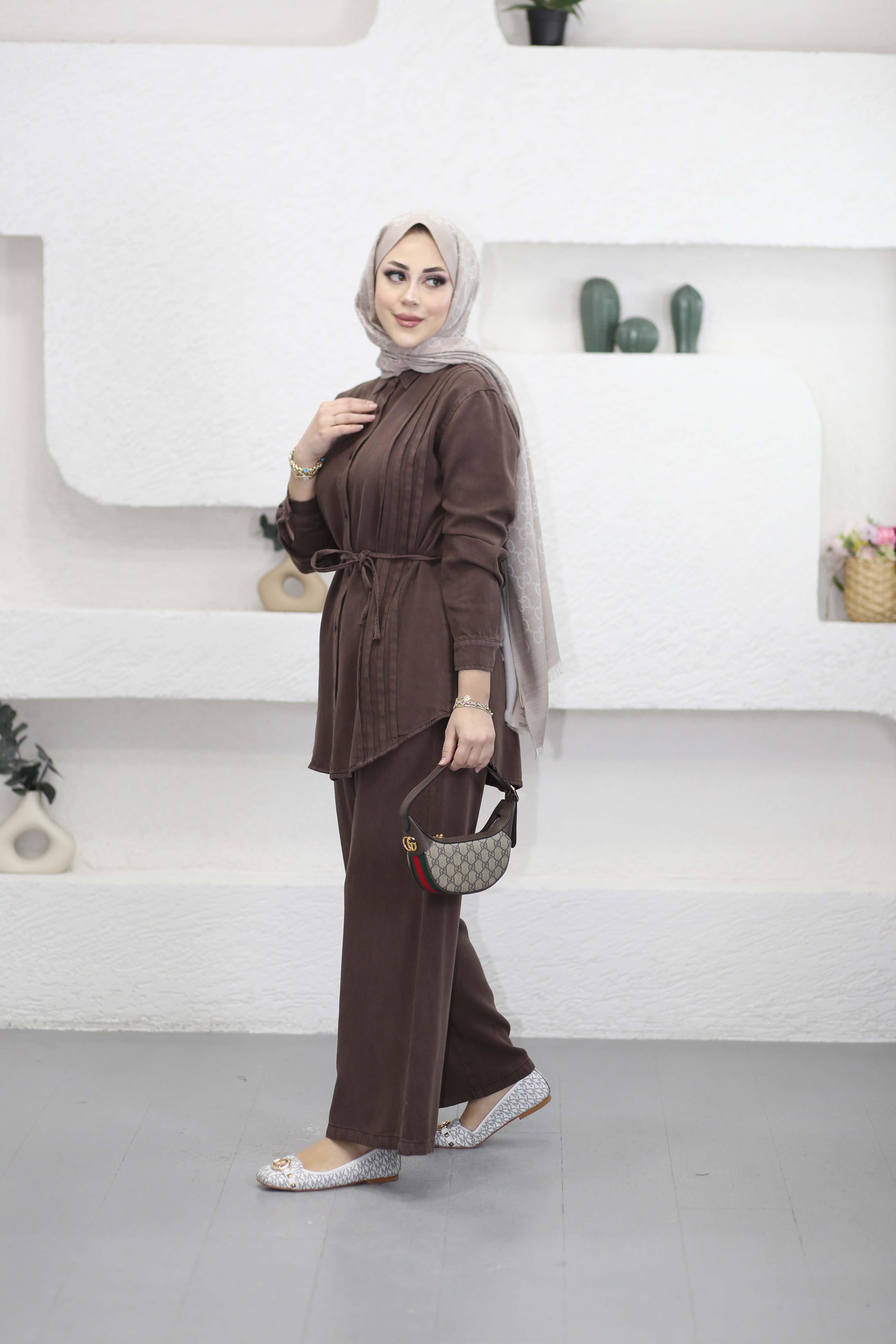 Nervürlü Tencel Takım Kahverengi 7496