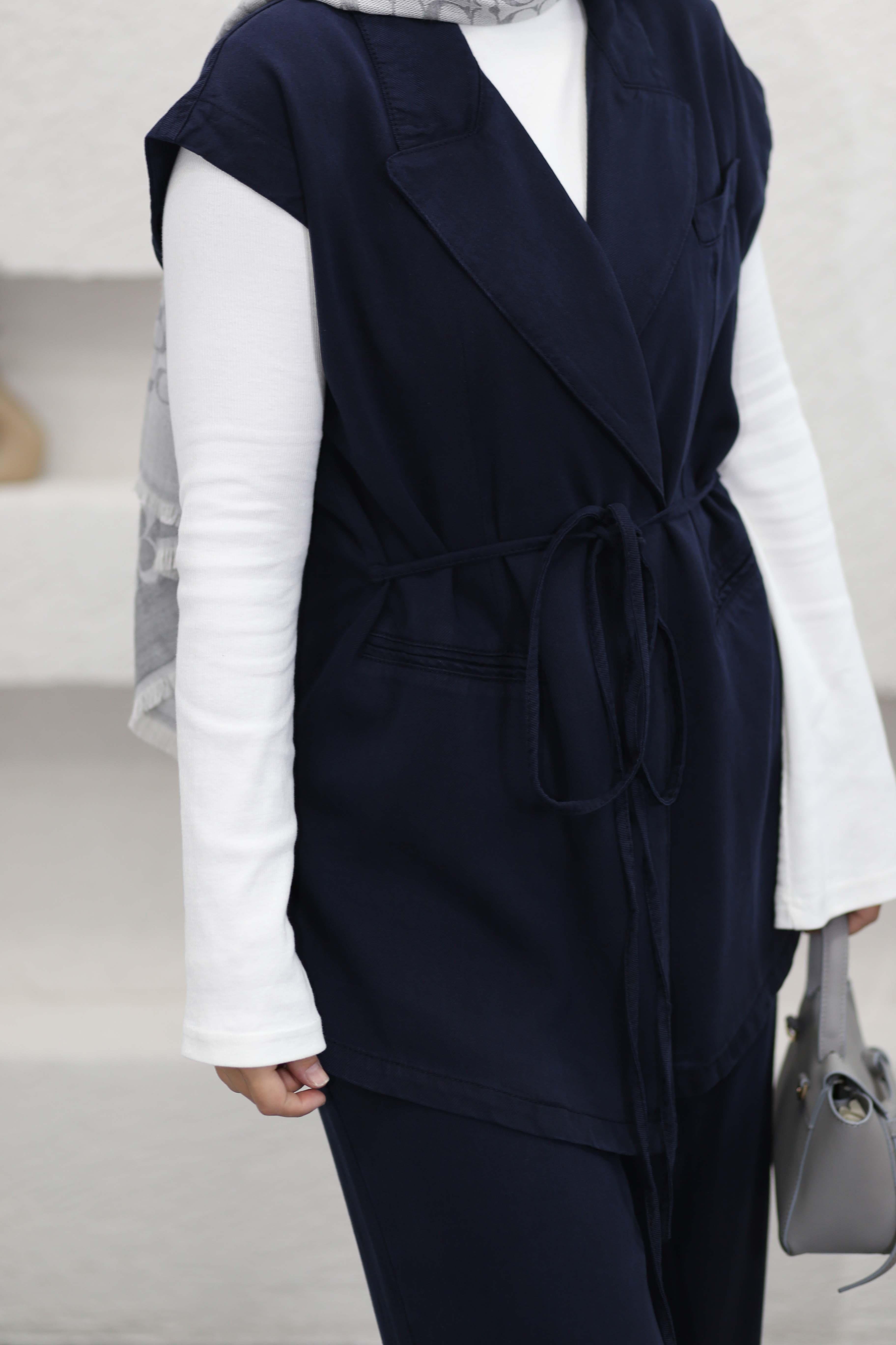 Bağlamalı Denim Yelek Takım Lacivert 7422