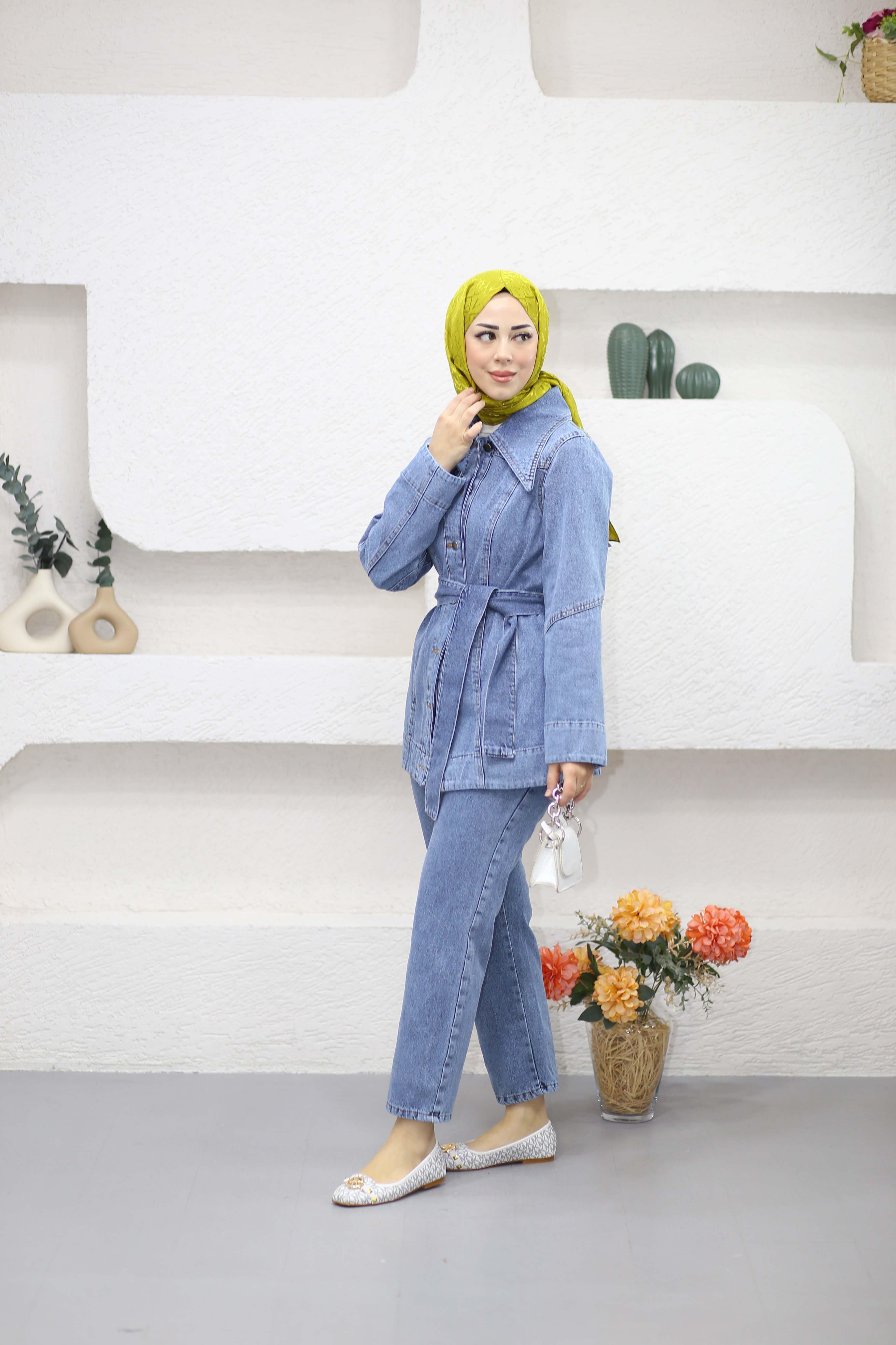 Düğmeli Denim Takım Açık Mavi 9010