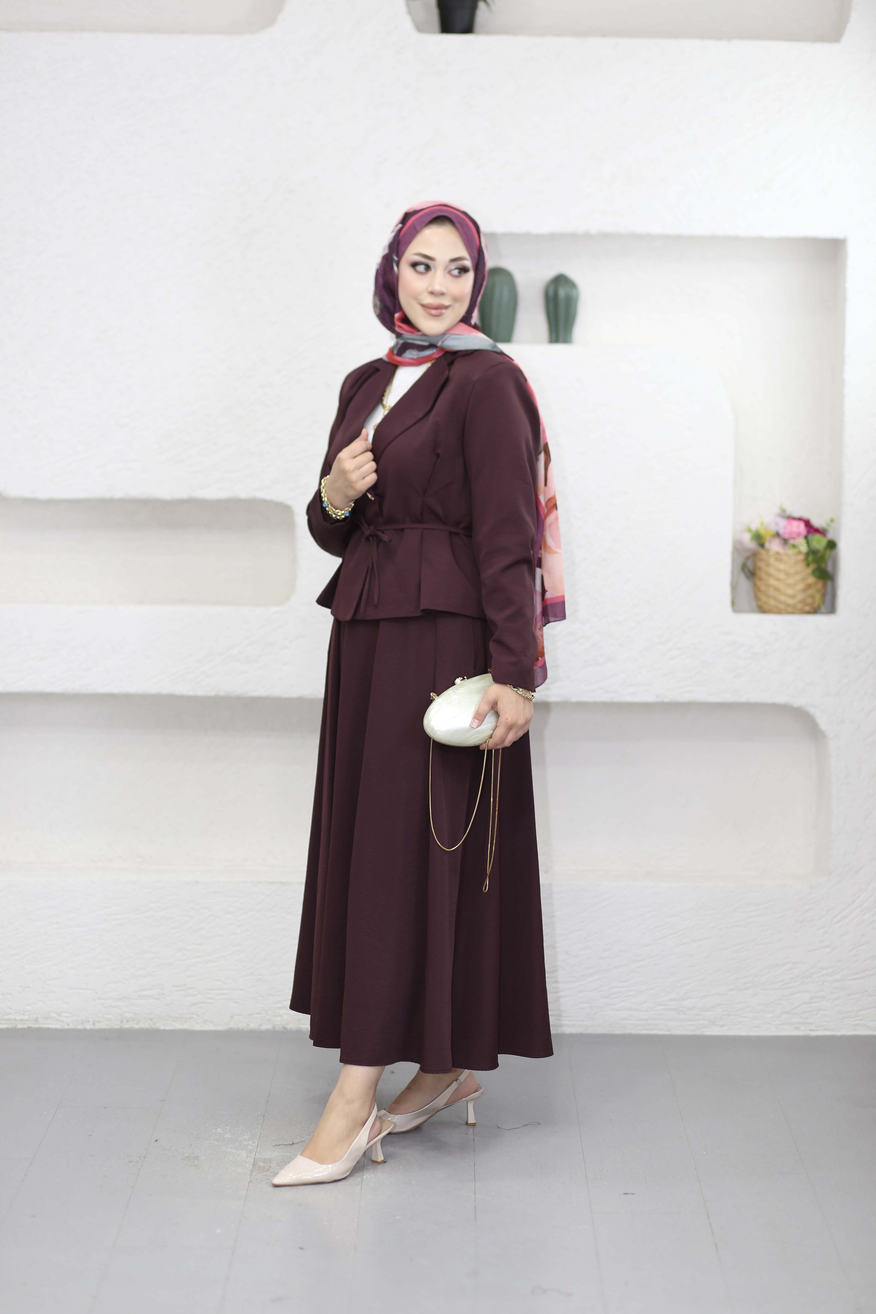 Sara Belden Oturtmalı Etekli Takım Bordo 8682