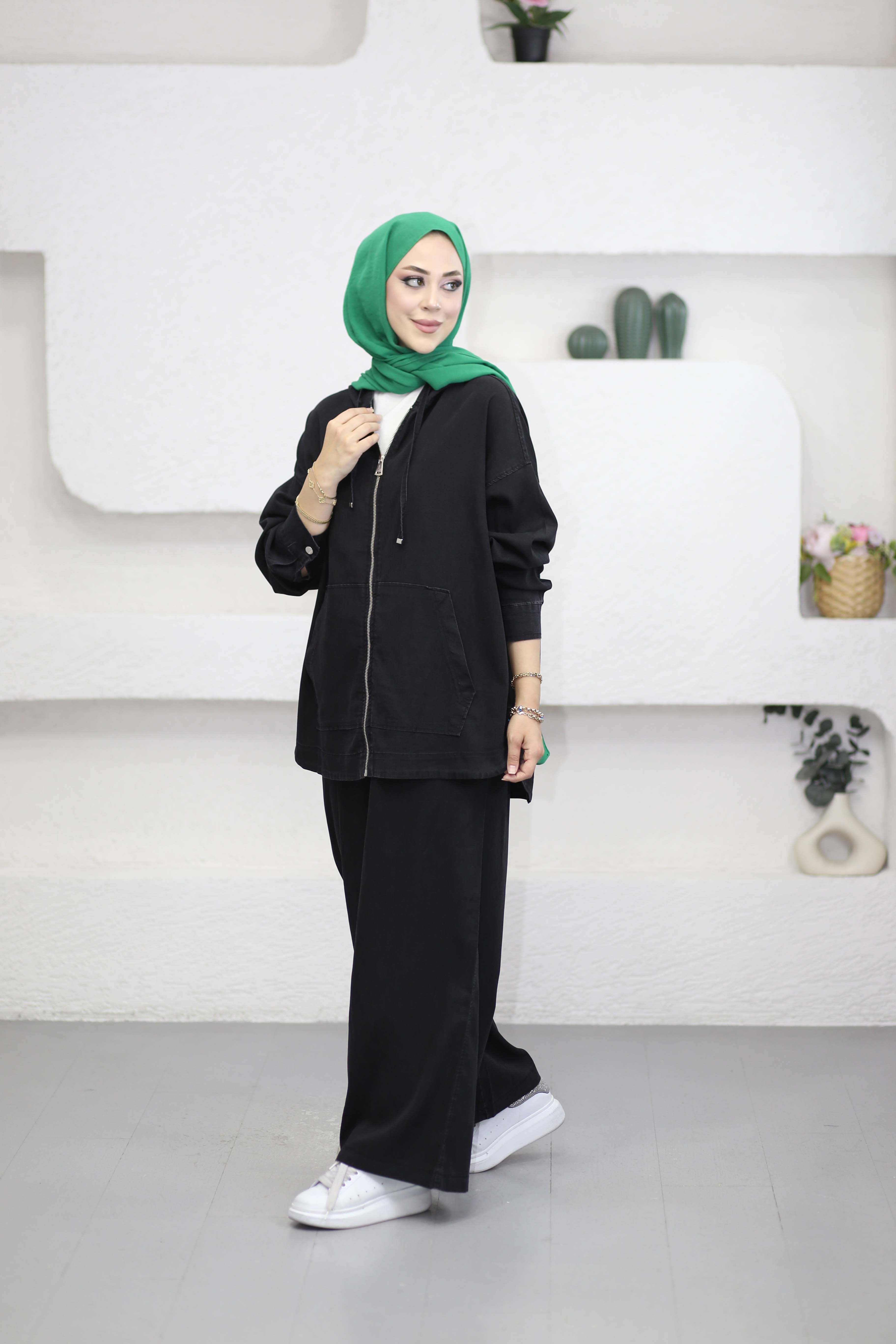 Kanguru Cep Fermuarlı Tencel Takım Siyah 5398