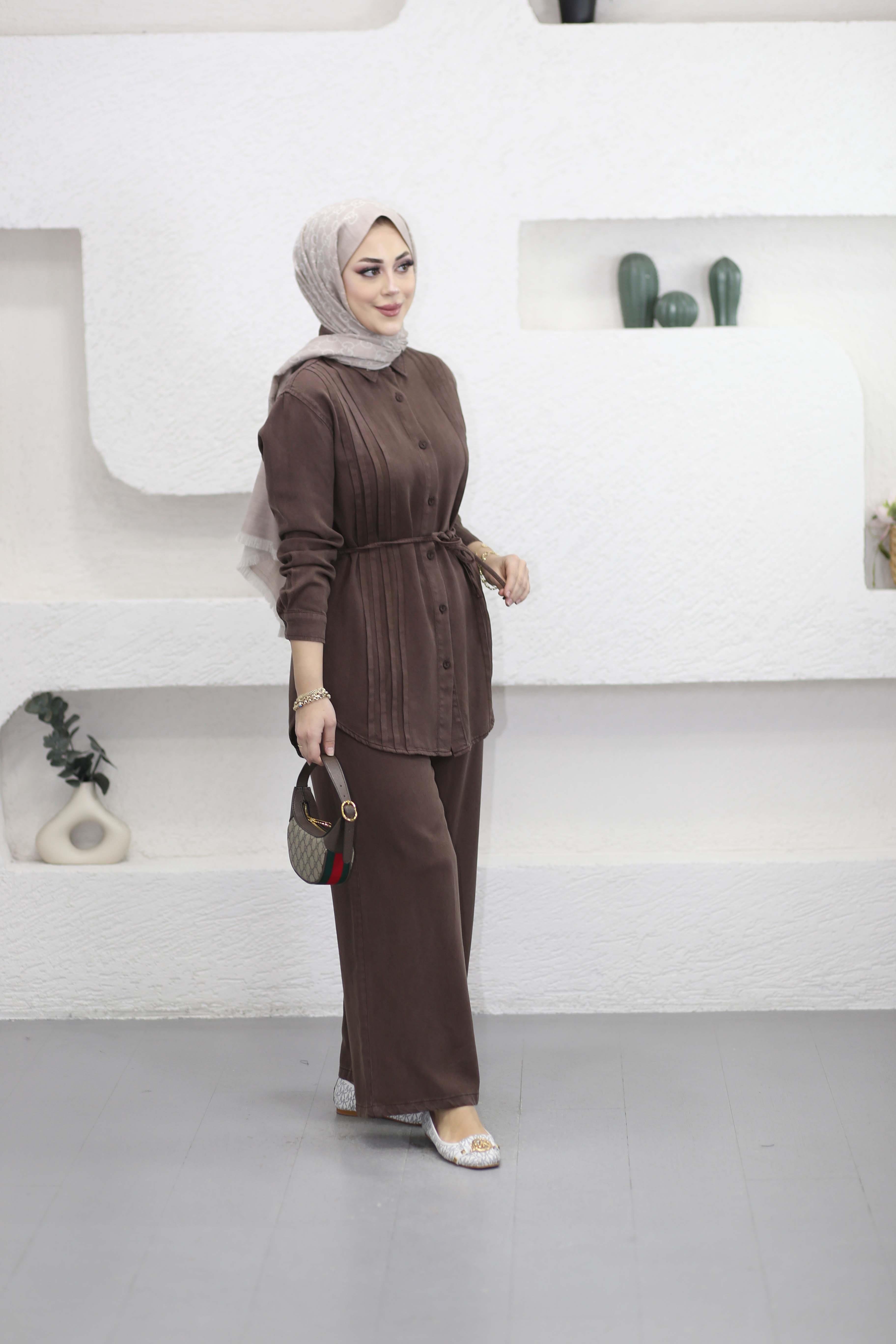 Nervürlü Tencel Takım Kahverengi 7496