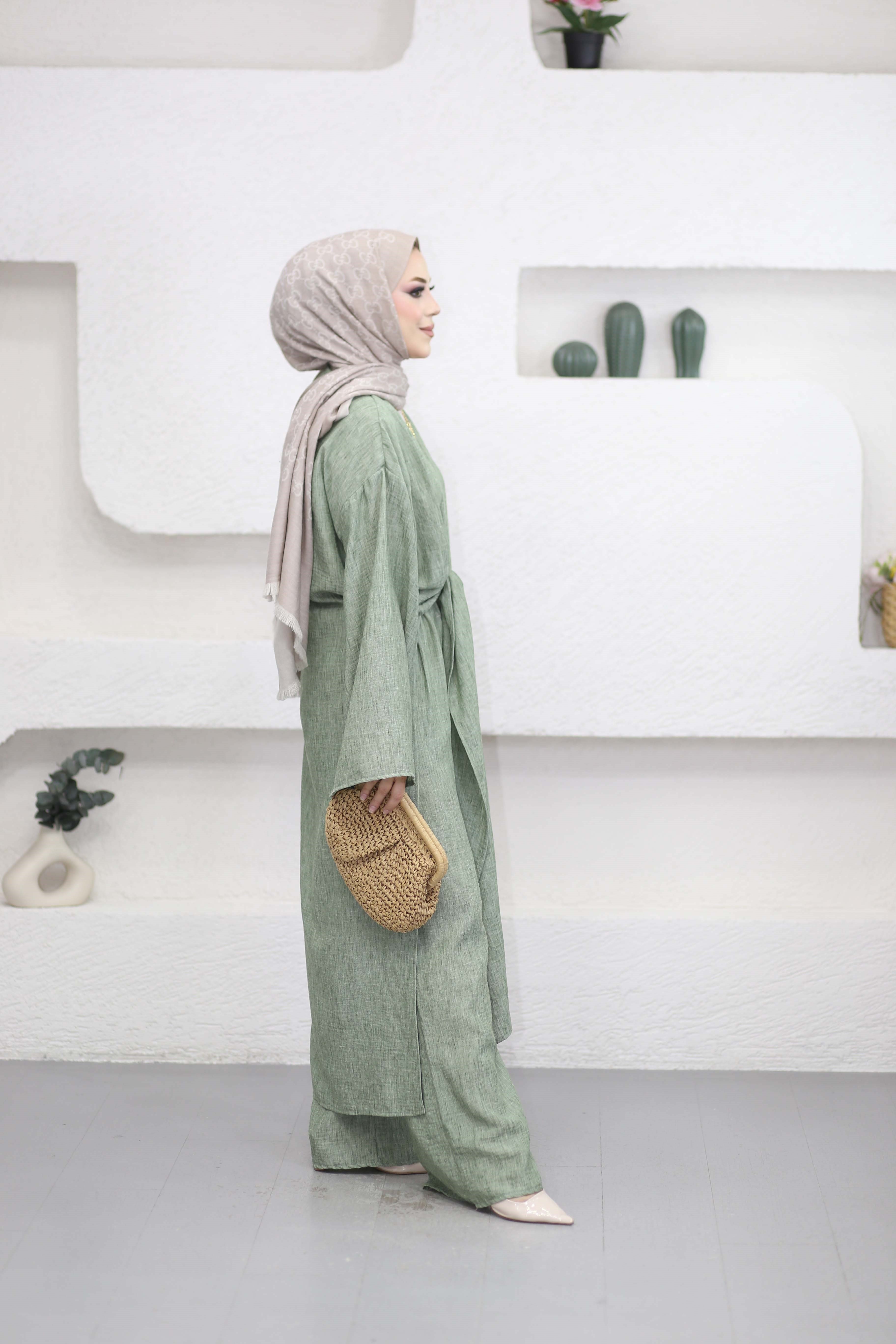 Pantolonlu Abaya Takım Yeşil 5813