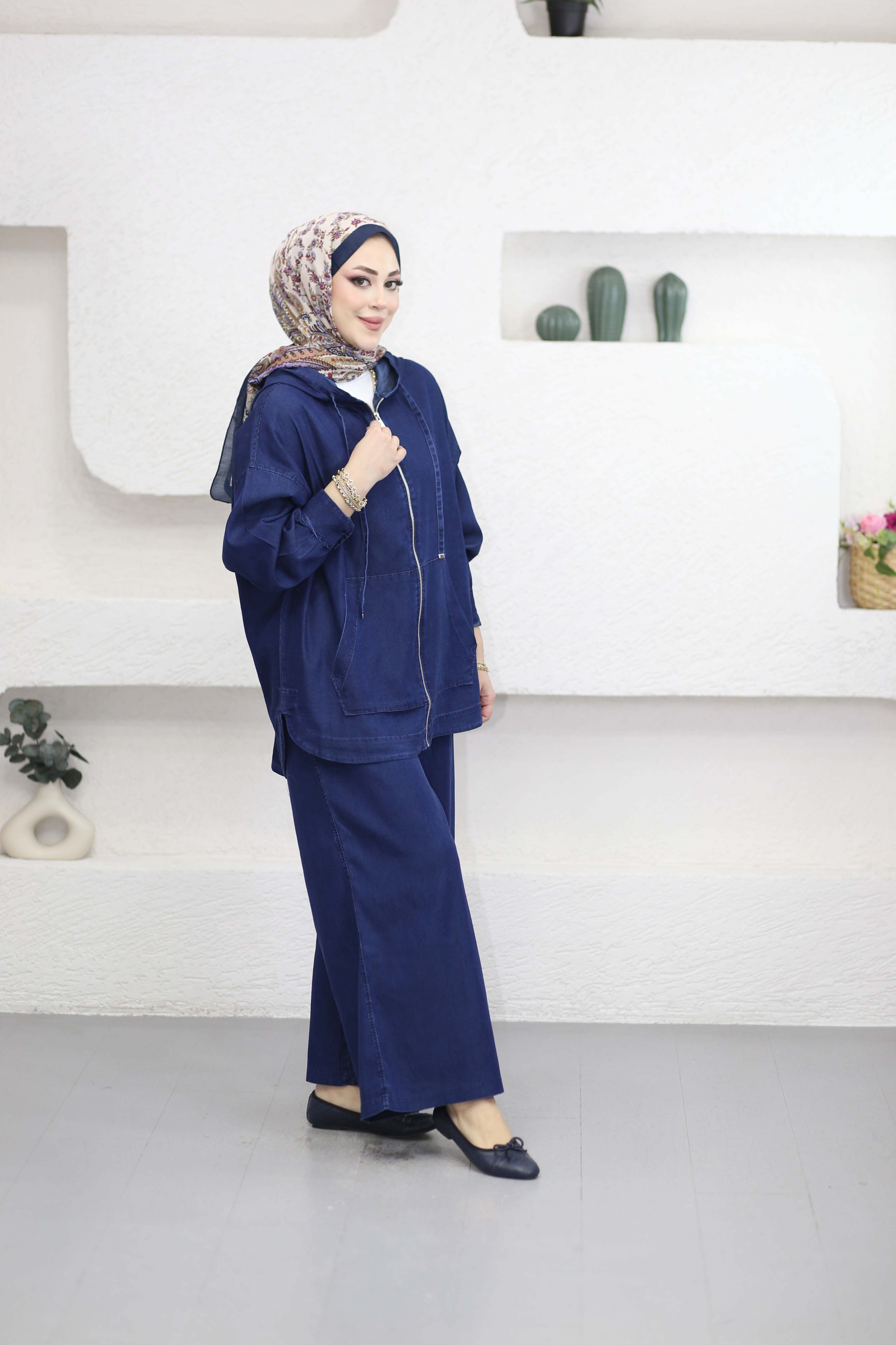 Kanguru Cep Fermuarlı Tencel Takım Koyu Mavi 5398