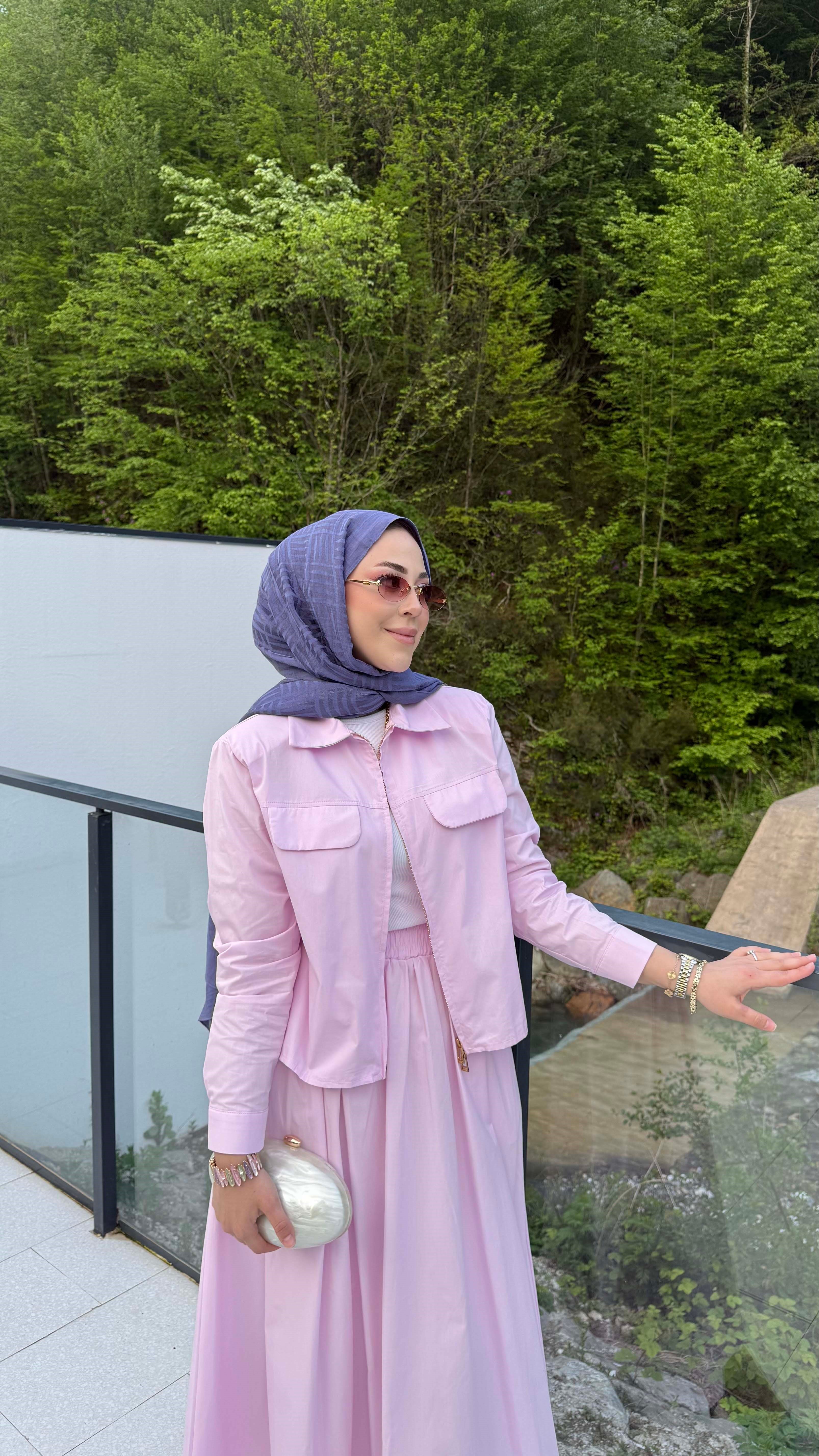 Fermuarlı Coton Etekli Takım Pembe 2163